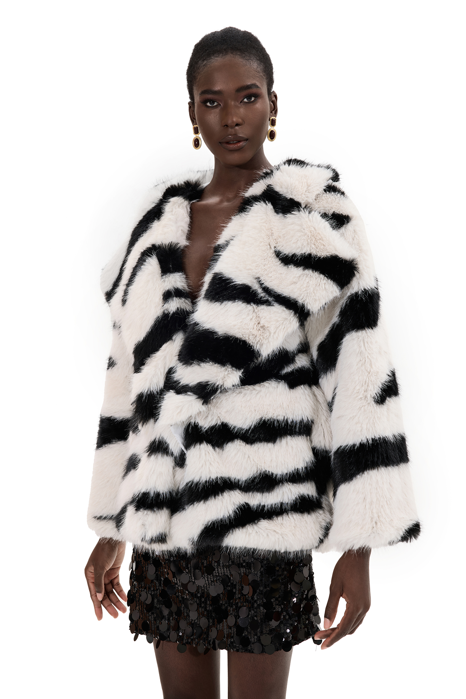 Faux Fur Zebra Print Flapped Coat