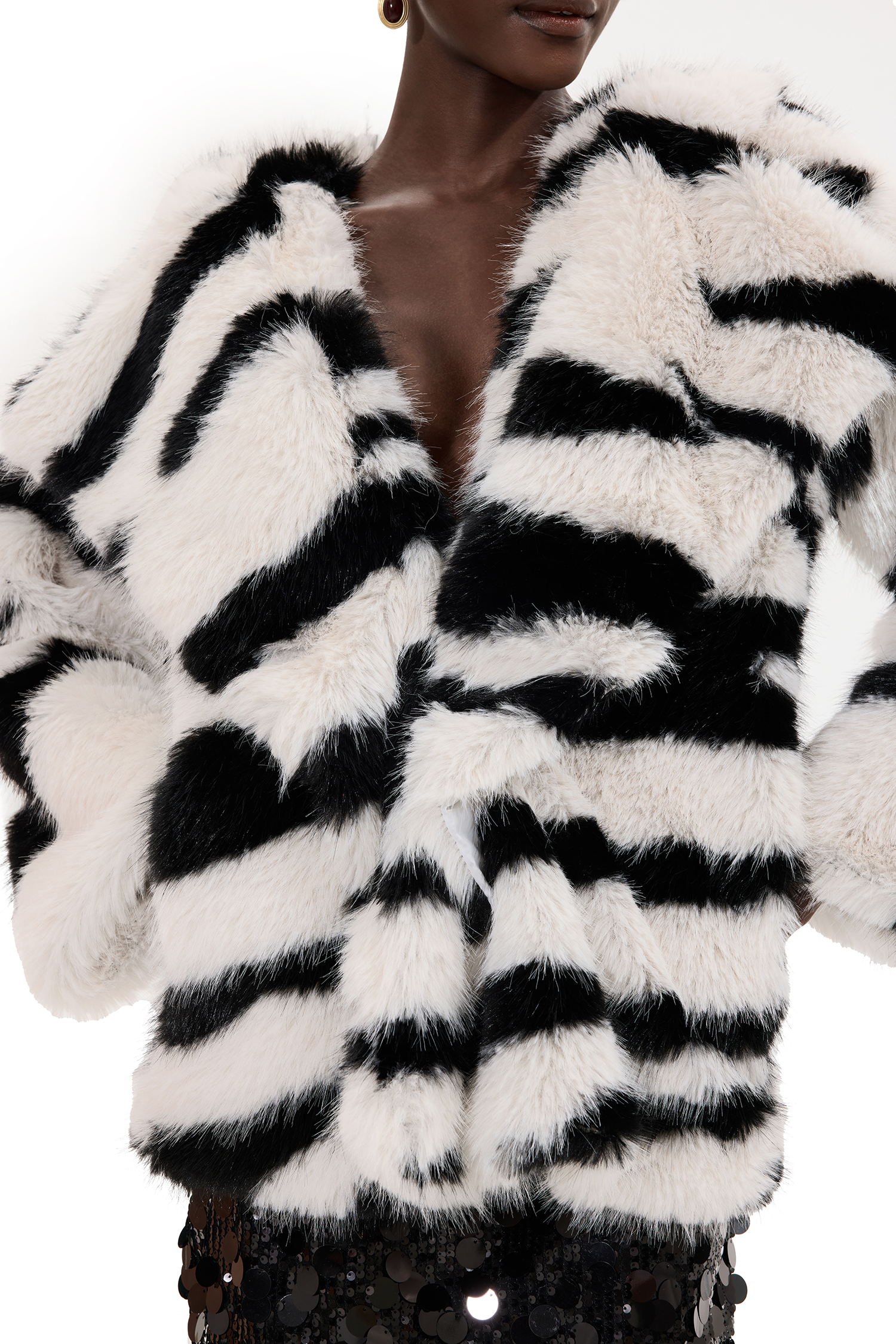 Faux Fur Zebra Print Flapped Coat