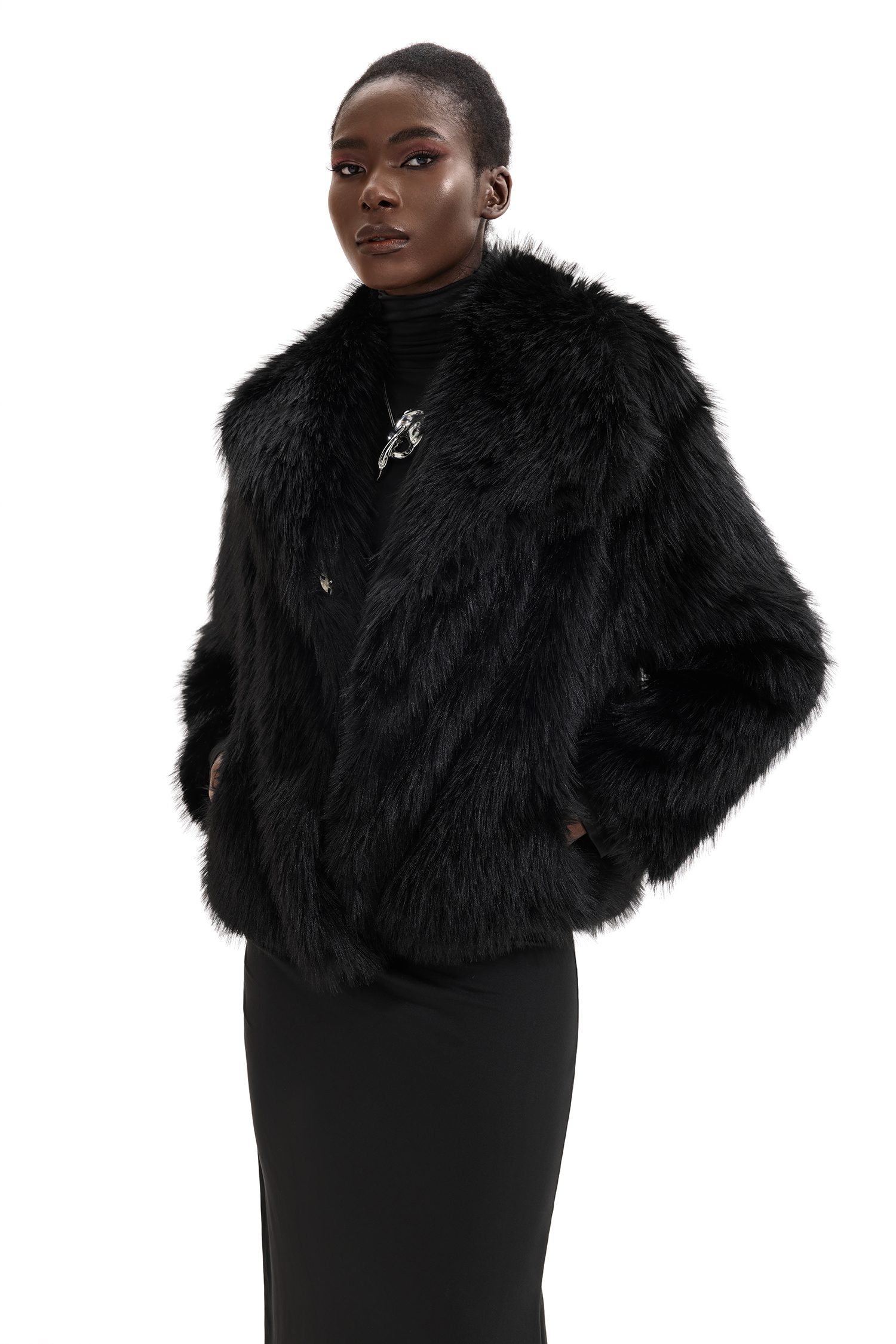 Faux Fur Solid Flapped Coat