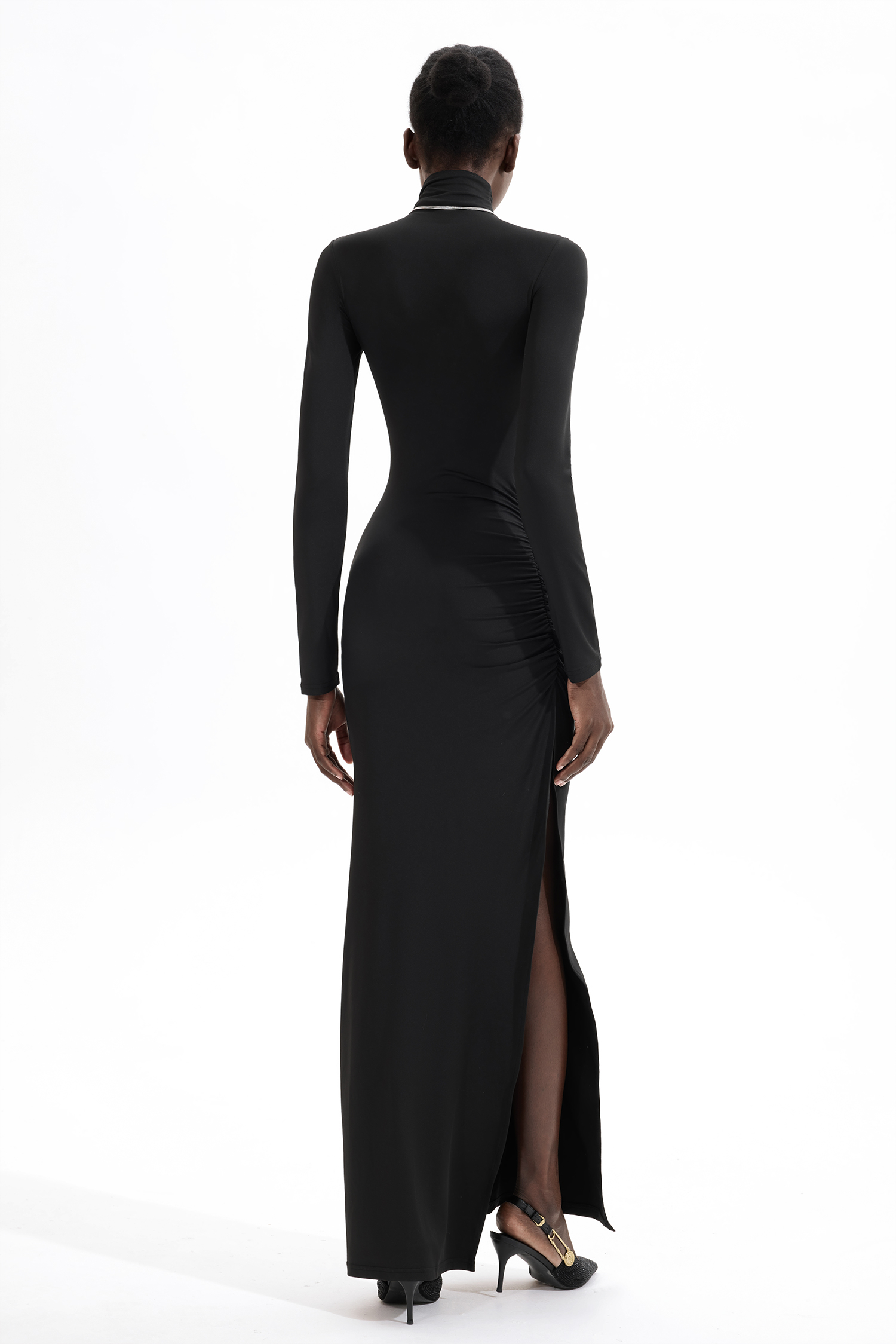 High Neck Long Sleeve Split Midi Dress