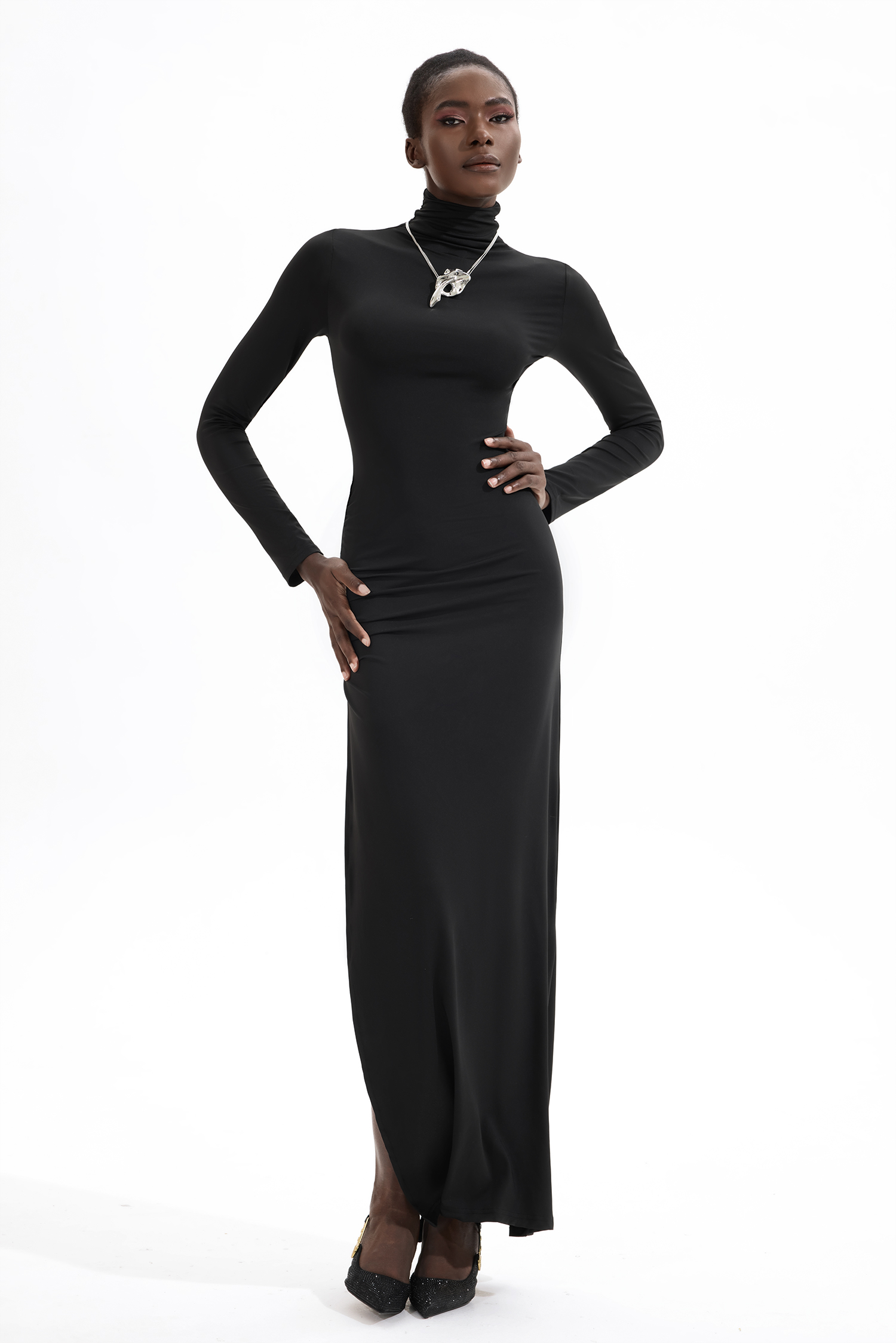 High Neck Long Sleeve Split Midi Dress