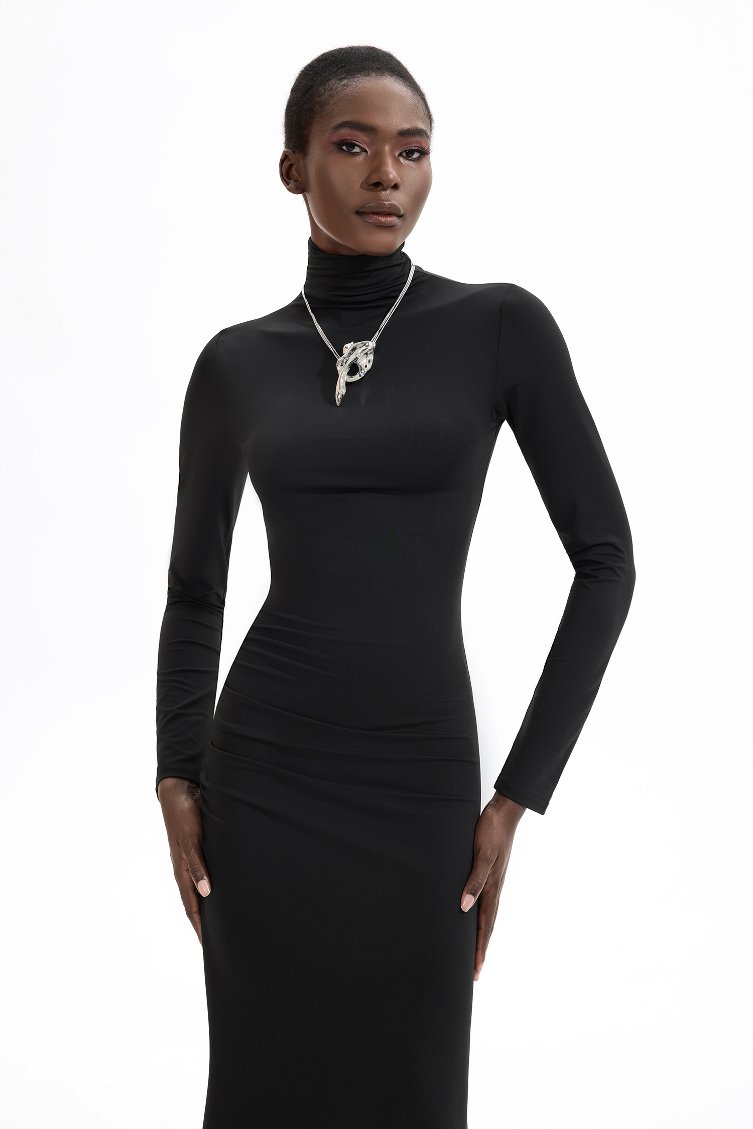 High Neck Long Sleeve Split Midi Dress