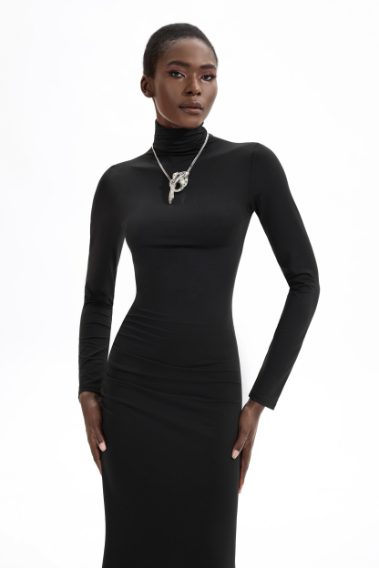 High Neck Long Sleeve Split Midi Dress