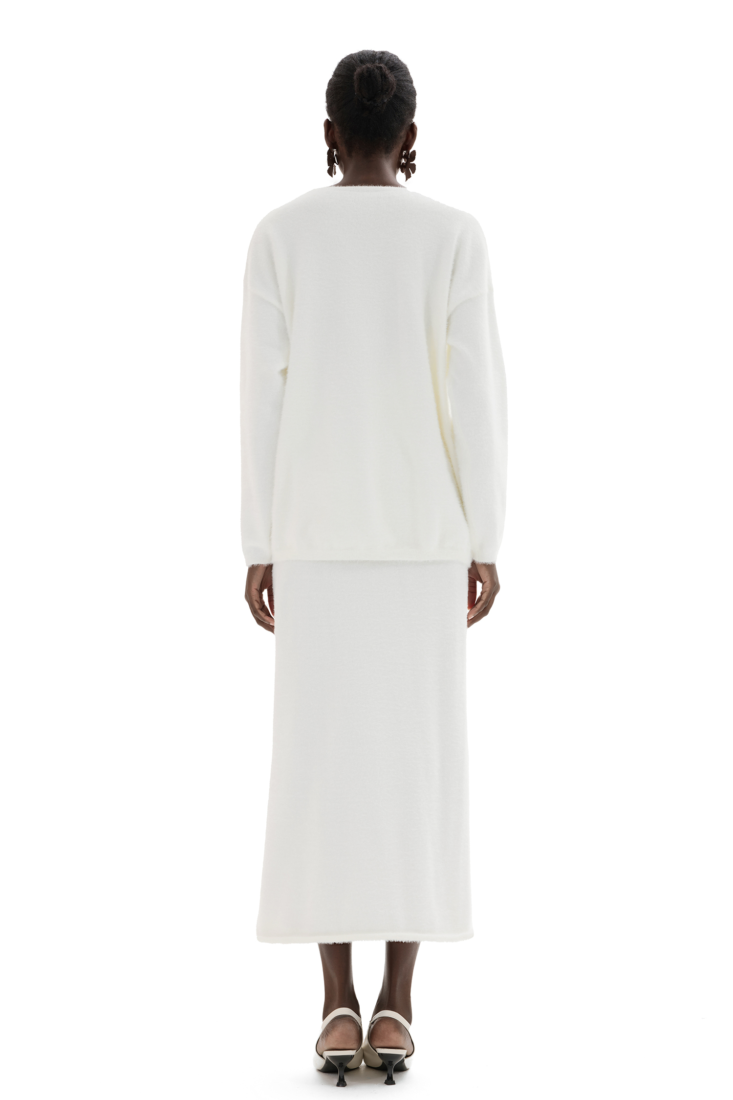 Solid Knit Long Sleeve Top ＆ Mid Waist Knit Midi Skirt Set