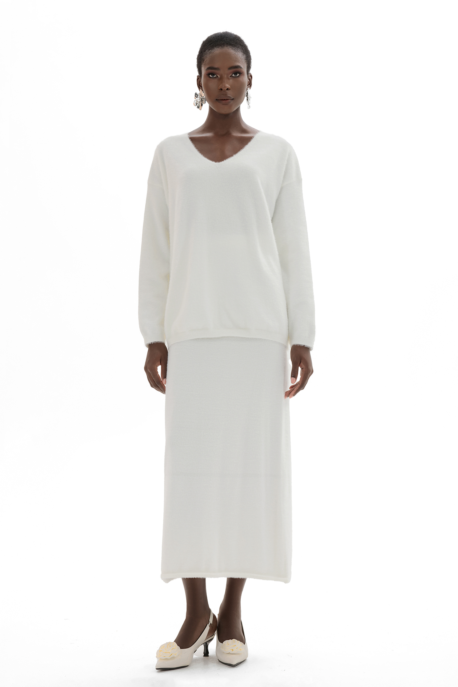 Solid Knit Long Sleeve Top ＆ Mid Waist Knit Midi Skirt Set