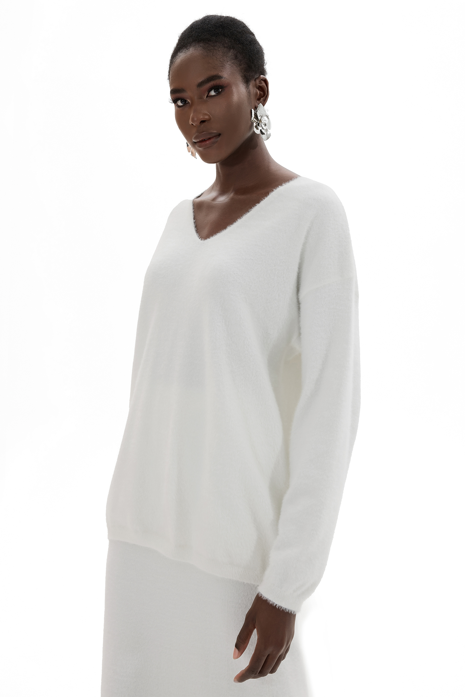 Solid Knit Long Sleeve Top ＆ Mid Waist Knit Midi Skirt Set