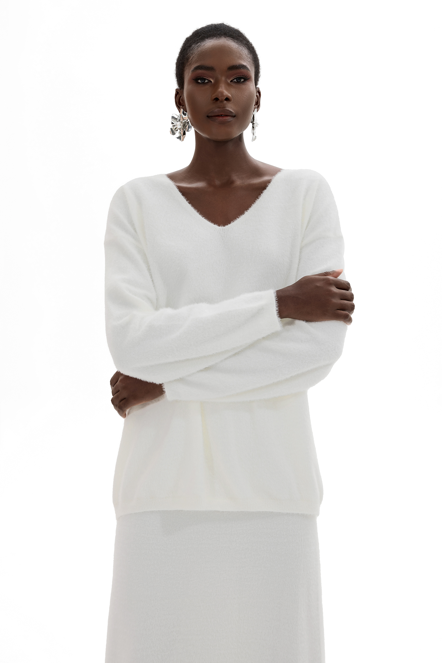 Solid Knit Long Sleeve Top ＆ Mid Waist Knit Midi Skirt Set