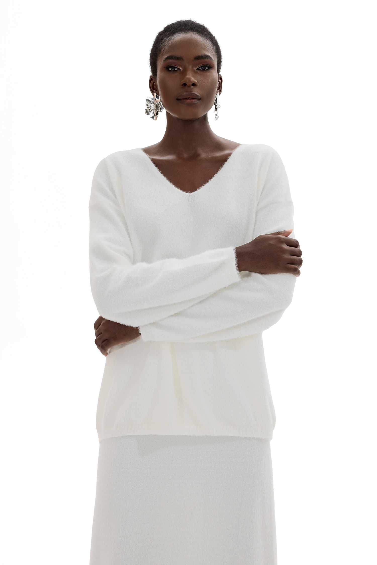 Solid Knit Long Sleeve Top ＆ Mid Waist Knit Midi Skirt Set