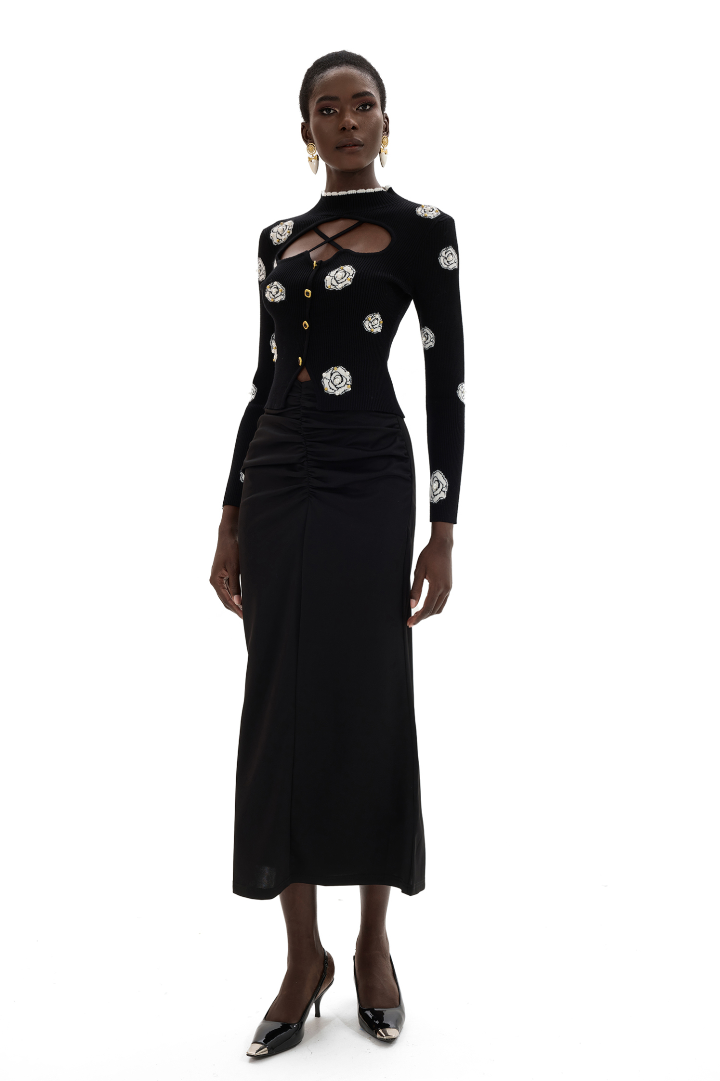 3D Flower Cut-Out Faux Pearl Sweater