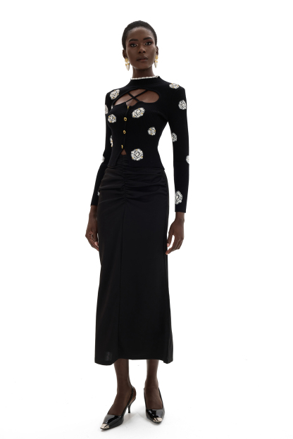 3D Flower Cut-Out Faux Pearl Sweater