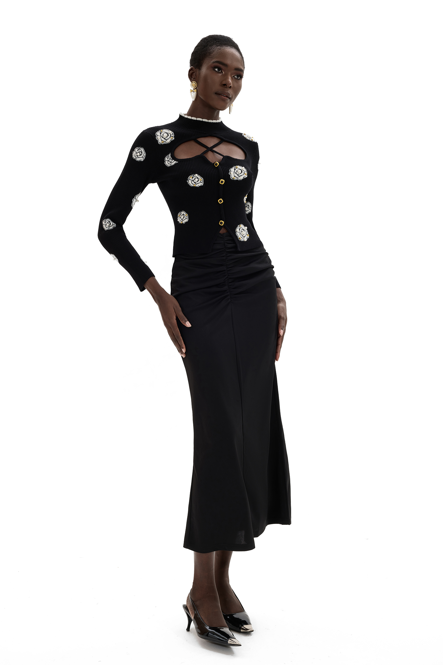 3D Flower Cut-Out Faux Pearl Sweater