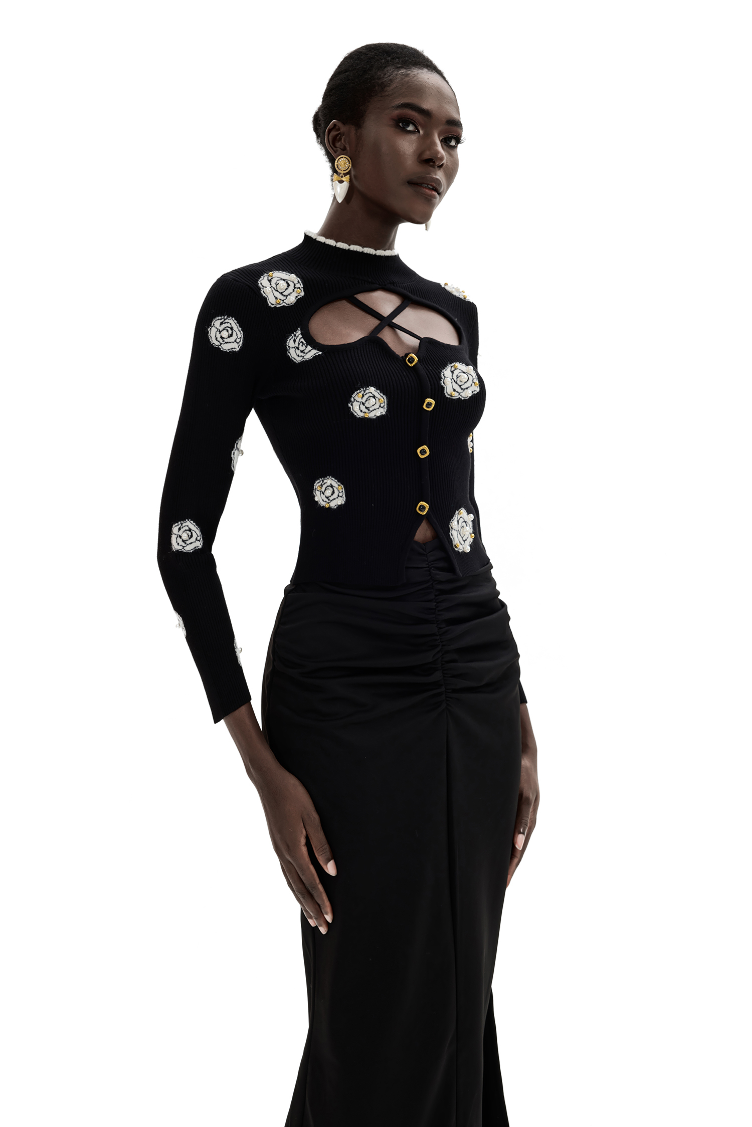 3D Flower Cut-Out Faux Pearl Sweater