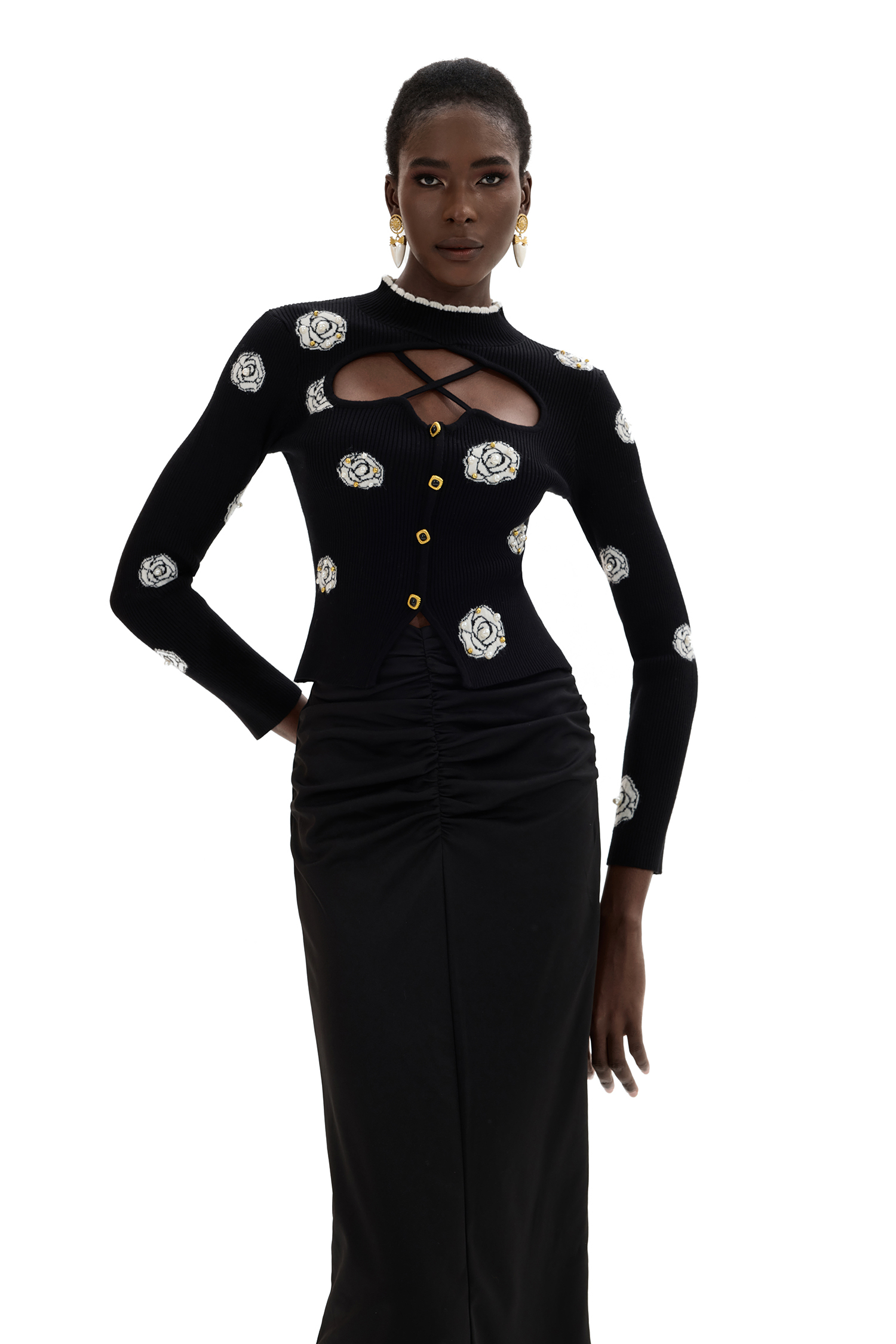 3D Flower Cut-Out Faux Pearl Sweater