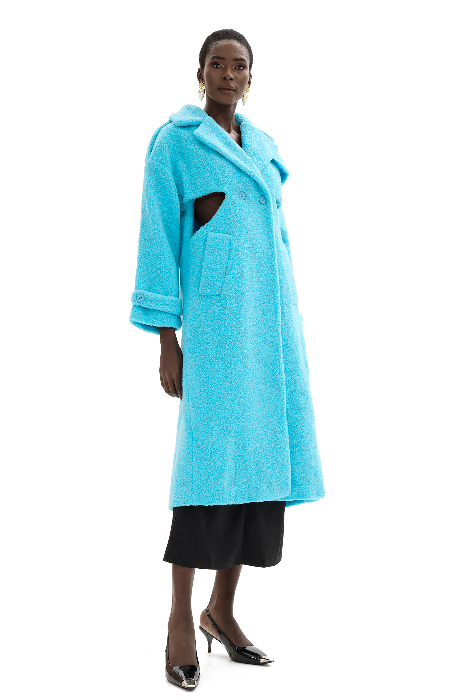 Granular Fleece Fabric Cut-Out Midi Coat