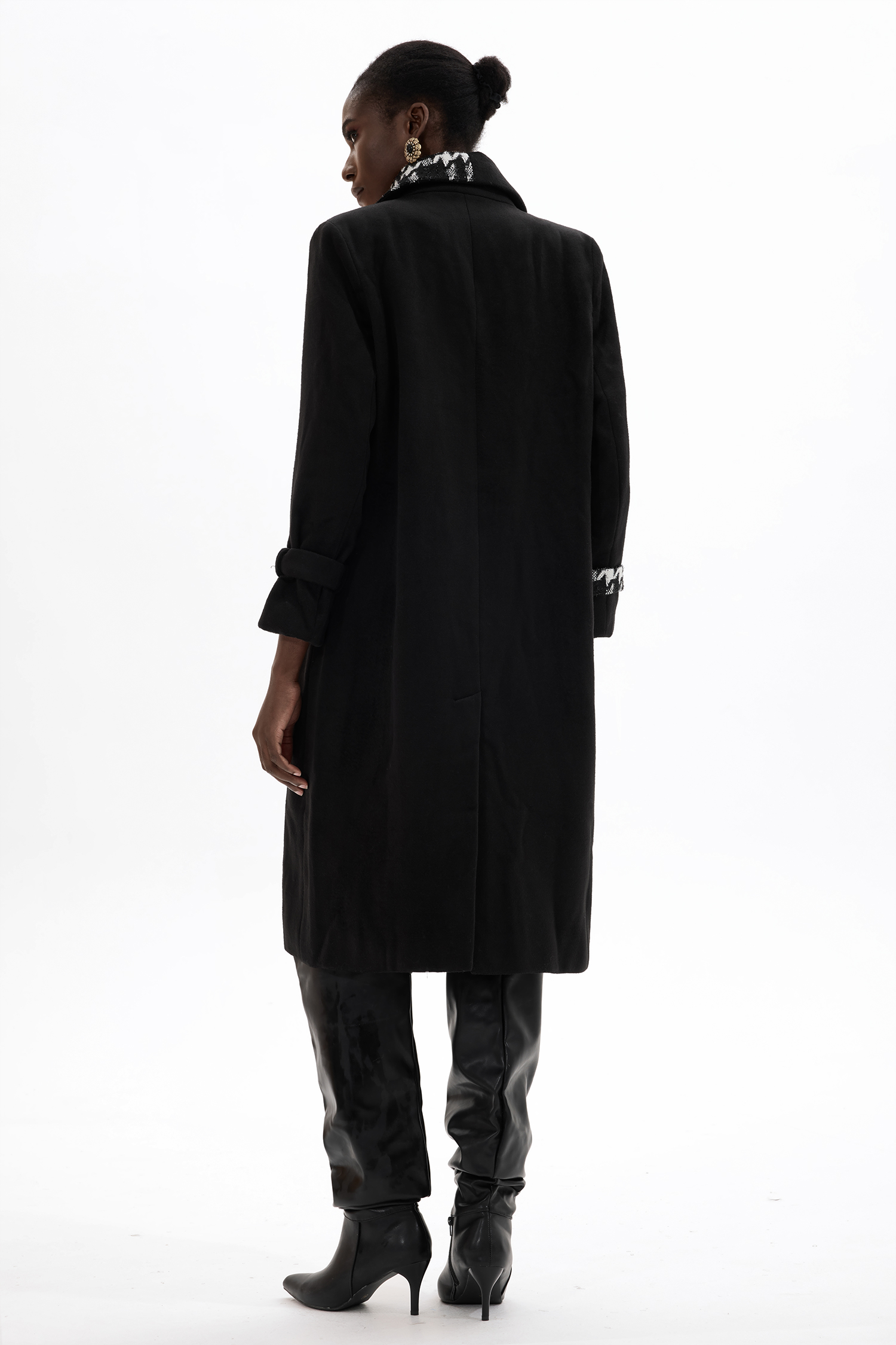 Woolen Splicing Tweed Long Sleeve Coat