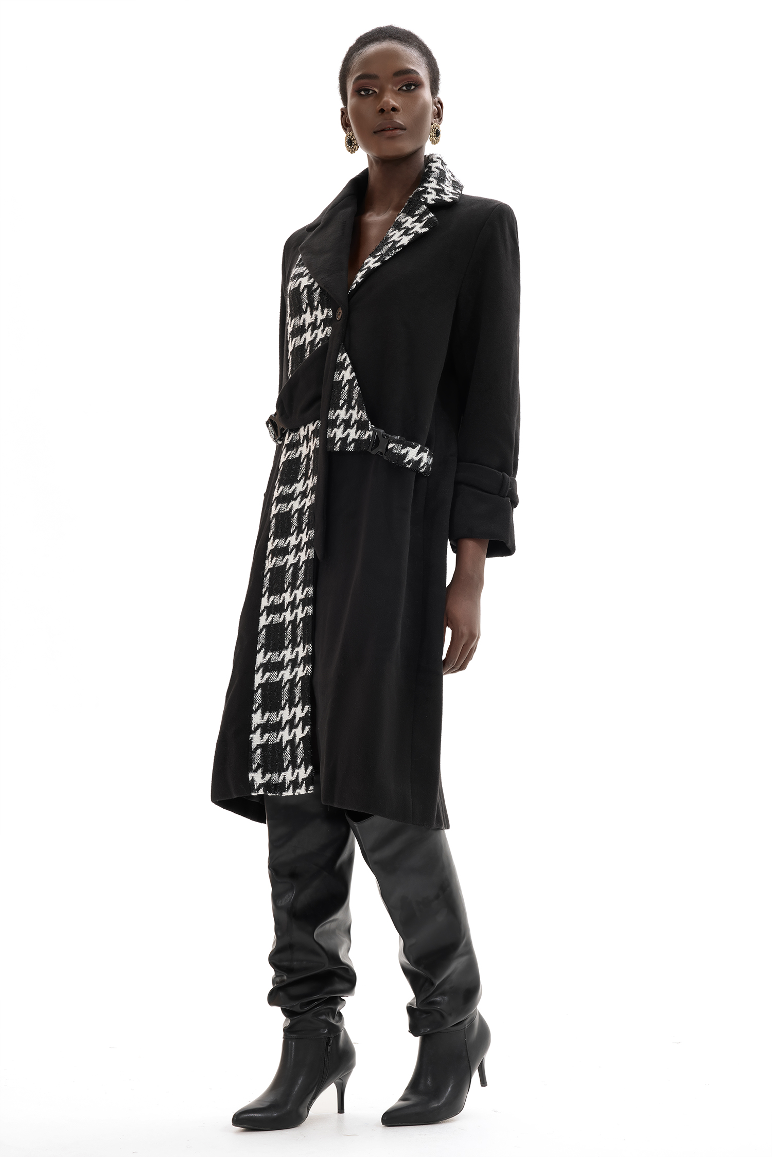 Woolen Splicing Tweed Long Sleeve Coat