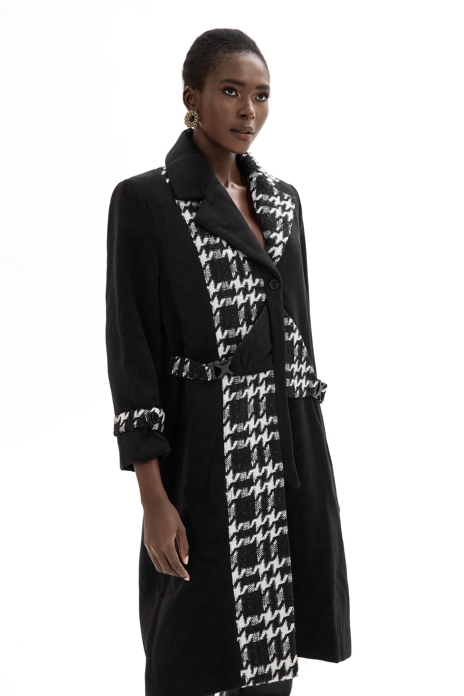 Woolen Splicing Tweed Long Sleeve Coat