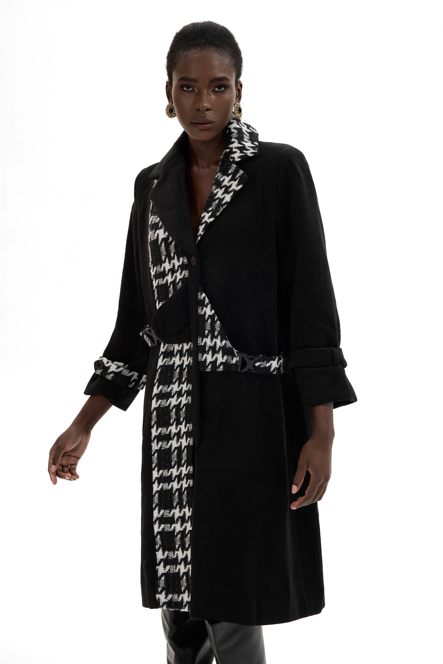 Woolen Splicing Tweed Long Sleeve Coat