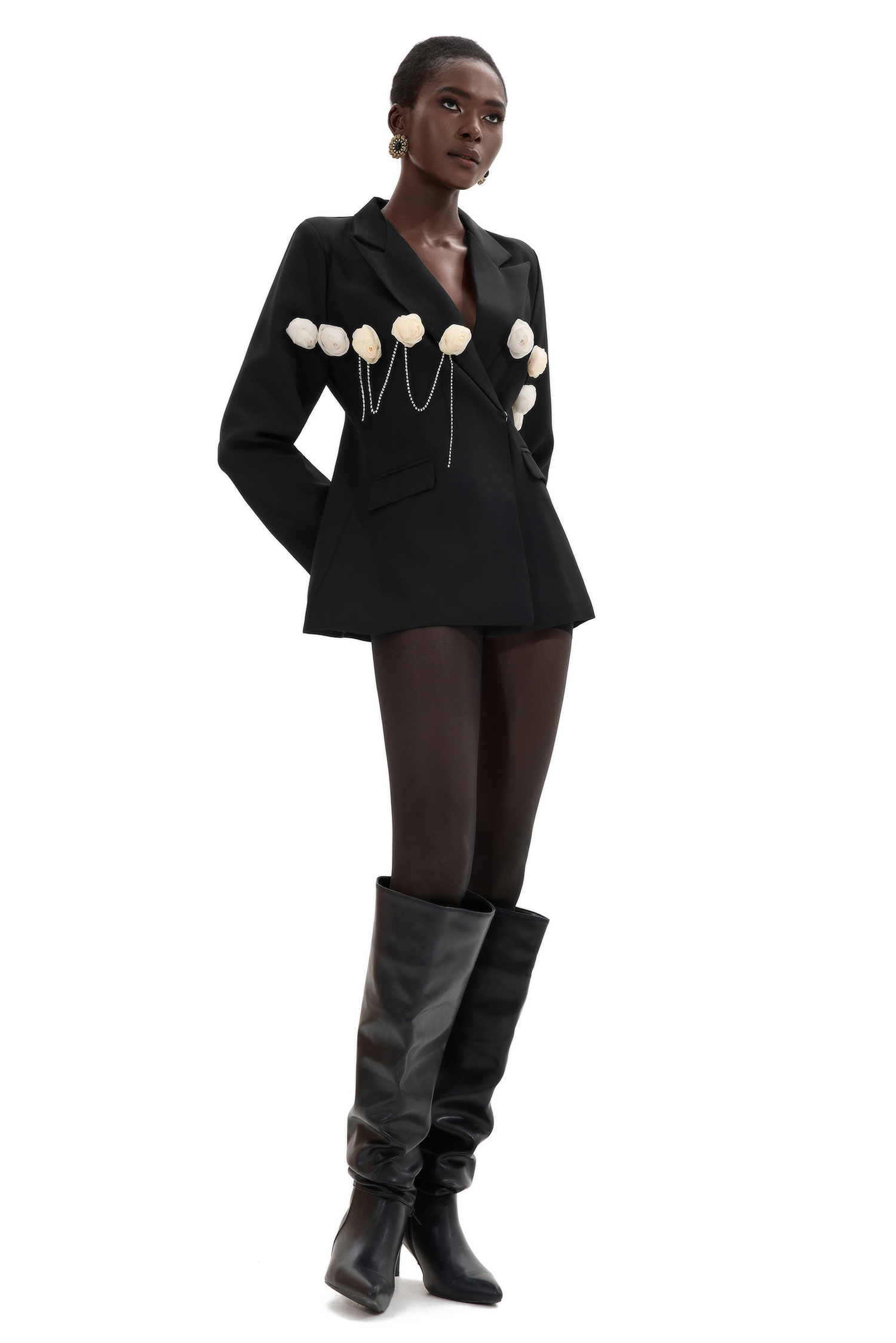 3D Flower Suit Collar Long Sleeve Blazer