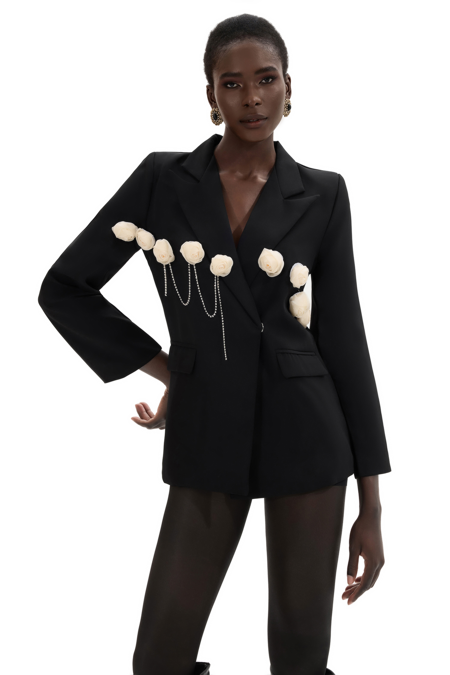 3D Flower Suit Collar Long Sleeve Blazer