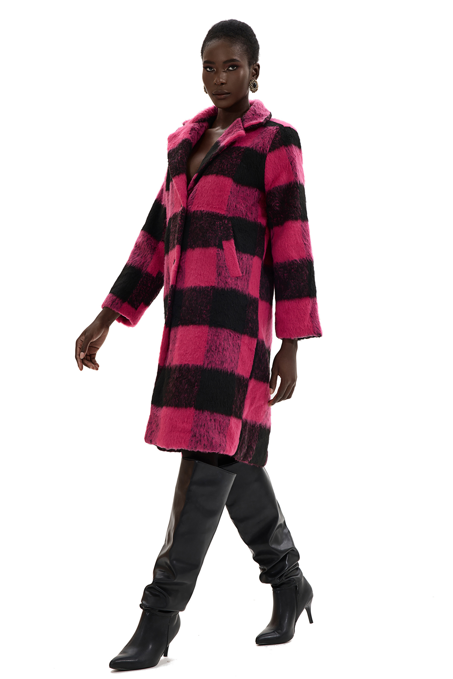 Faux Woolen Plaid Midi Coat