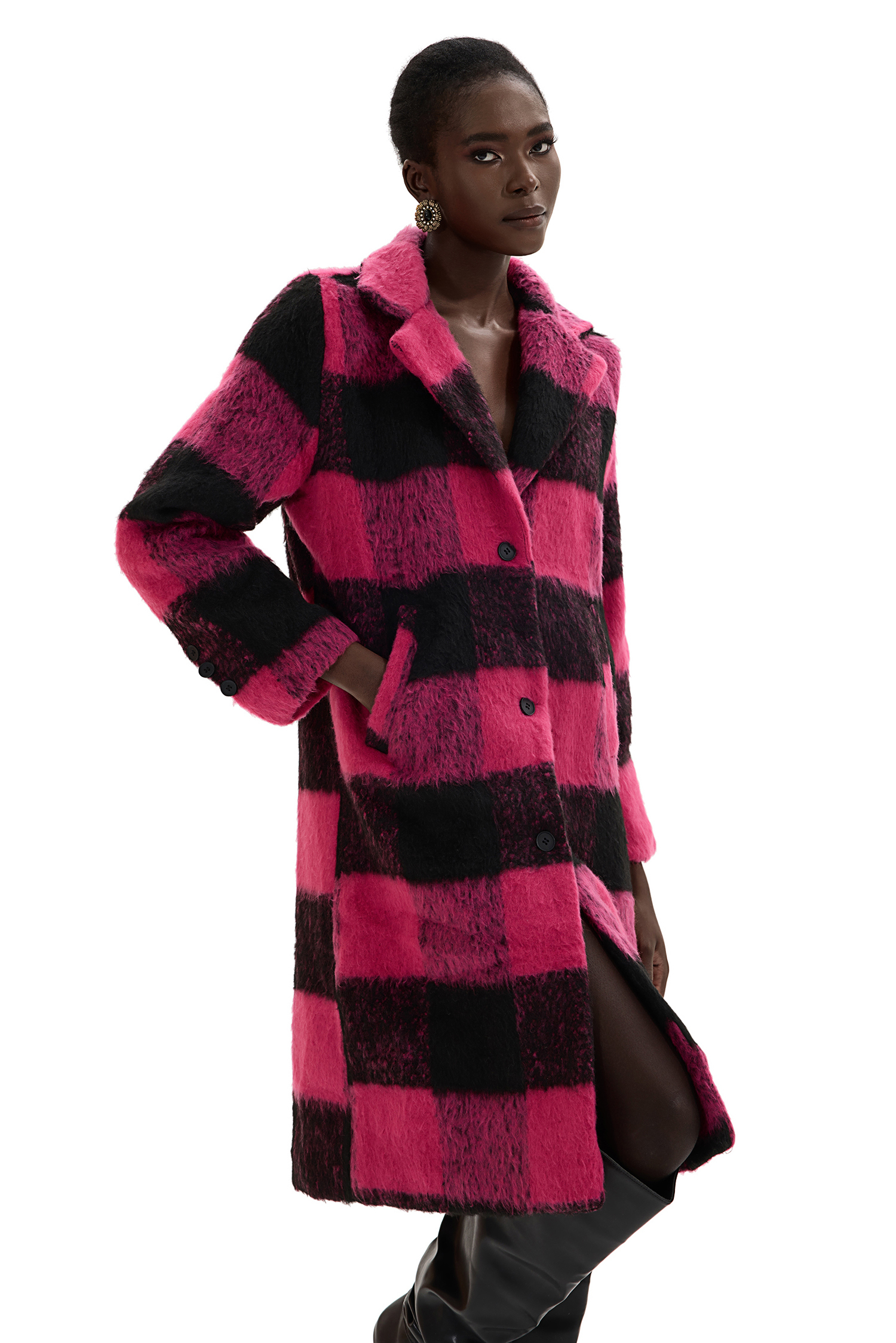 Faux Woolen Plaid Midi Coat