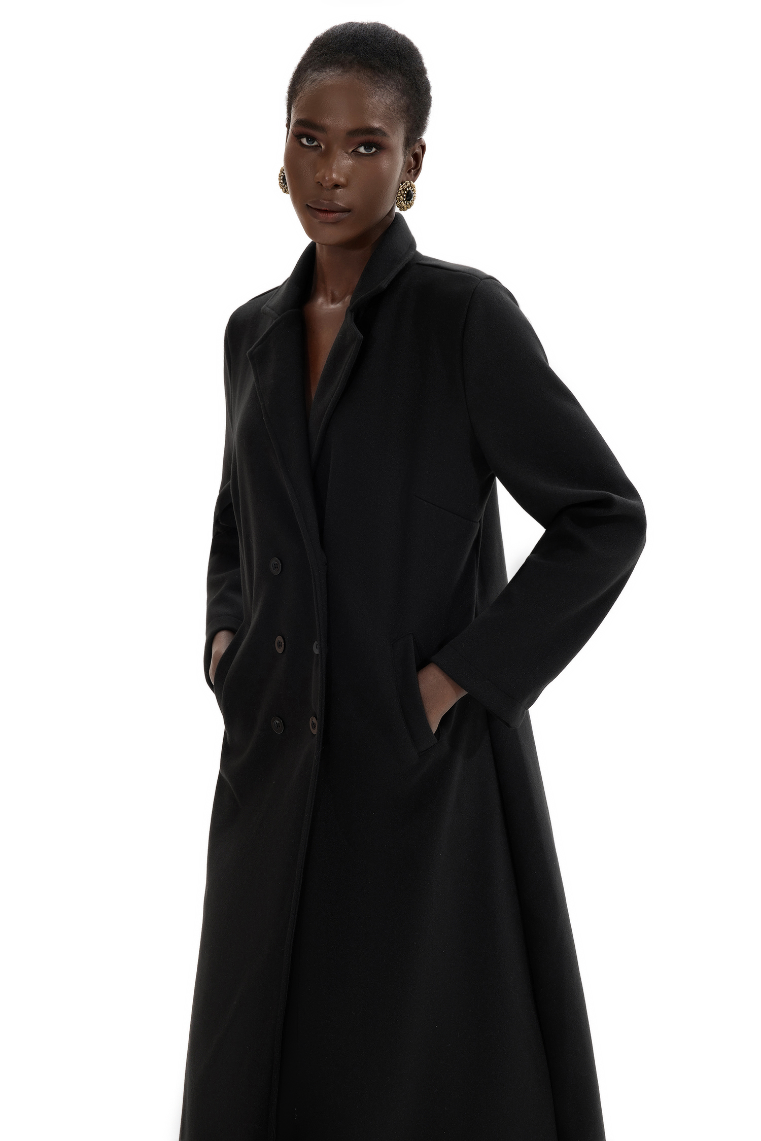 Woolen Solid Long Sleeve Maxi Coat