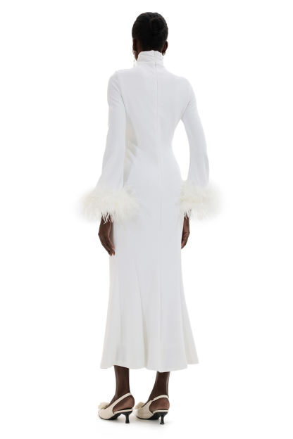 Feather Solid High Neck Midi Dress Black