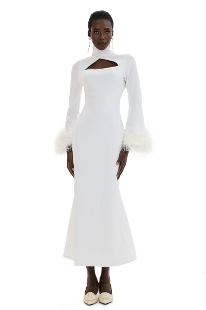 Feather Solid High Neck Midi Dress Black