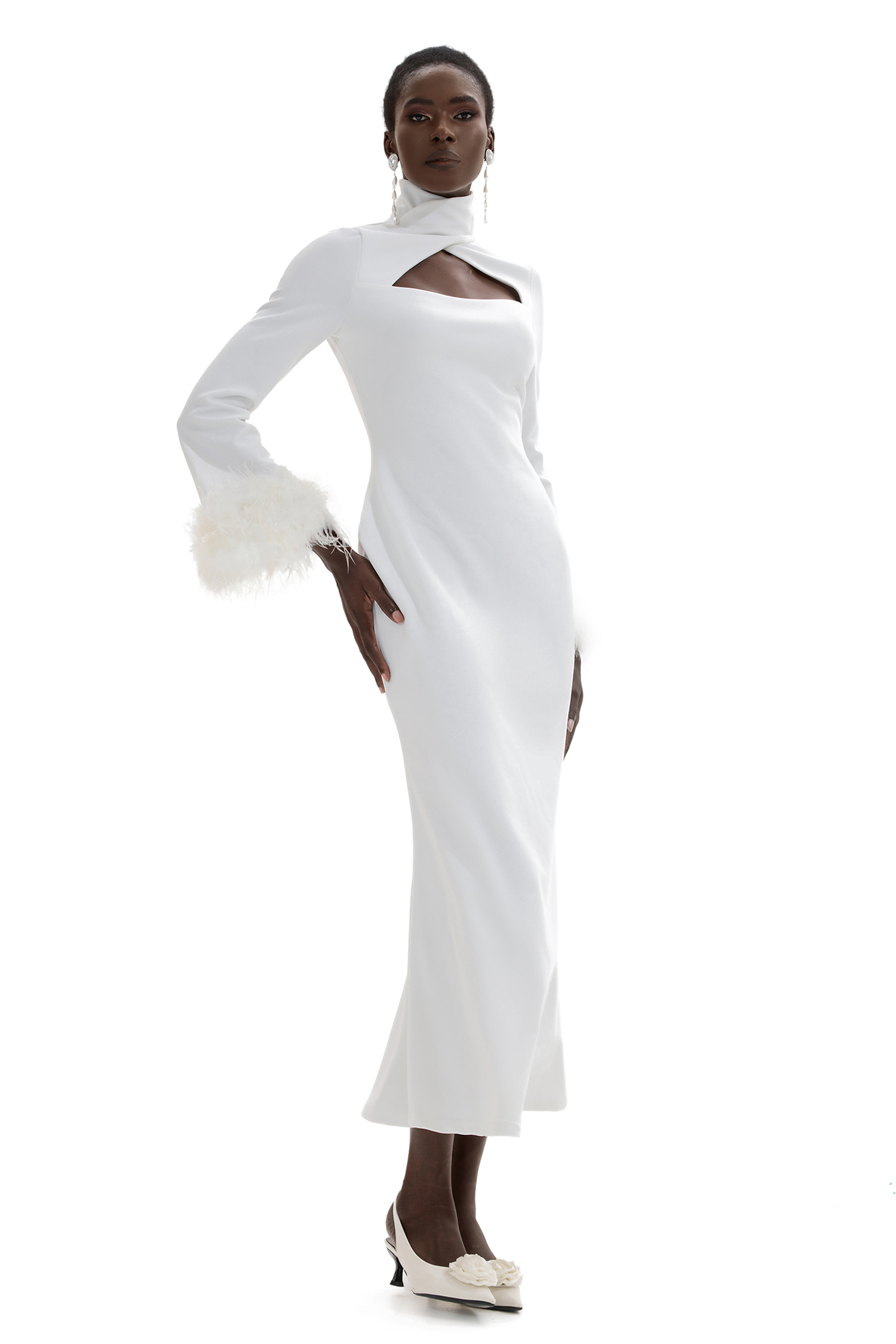 Feather Solid High Neck Midi Dress Black