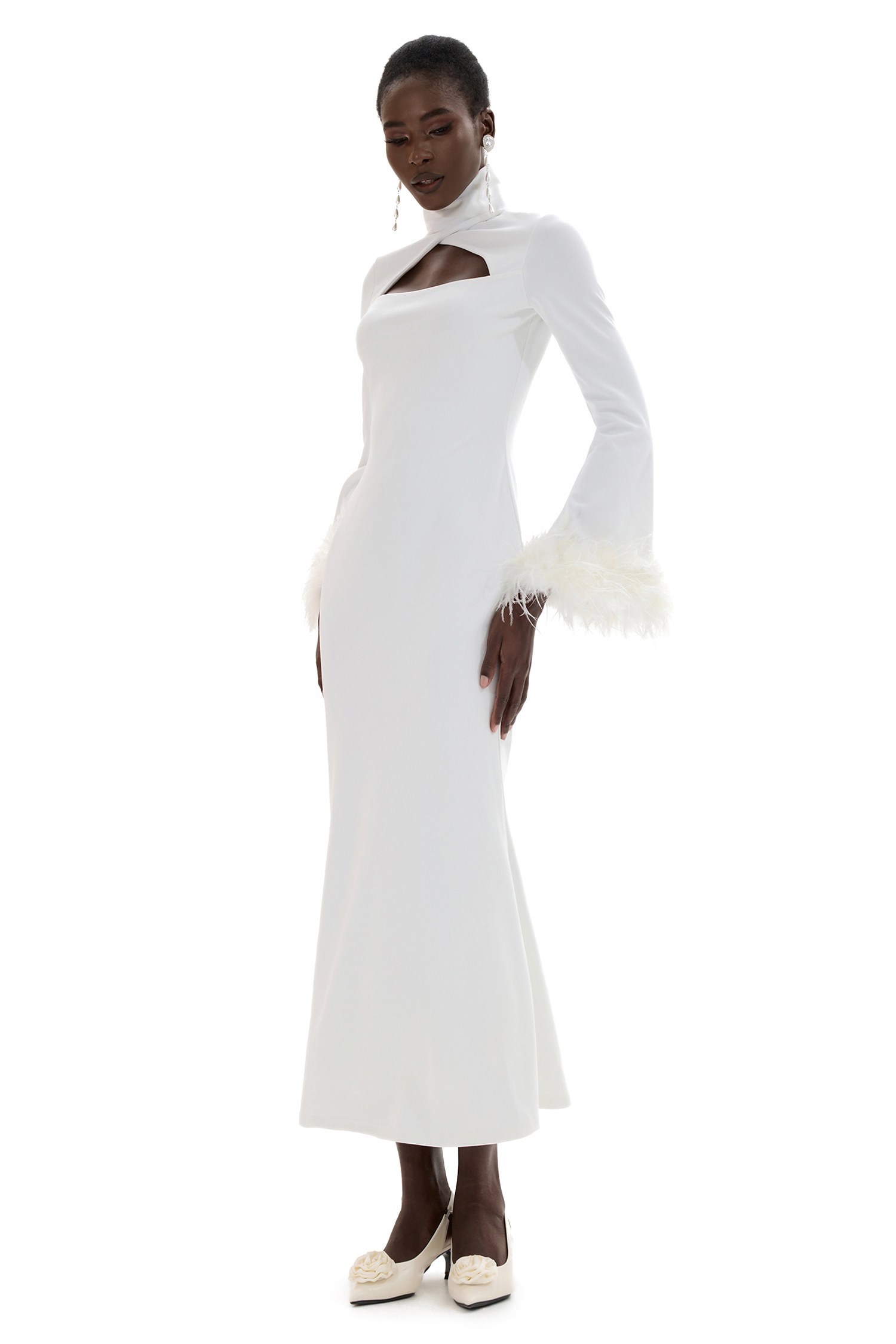 Feather Solid High Neck Midi Dress Black