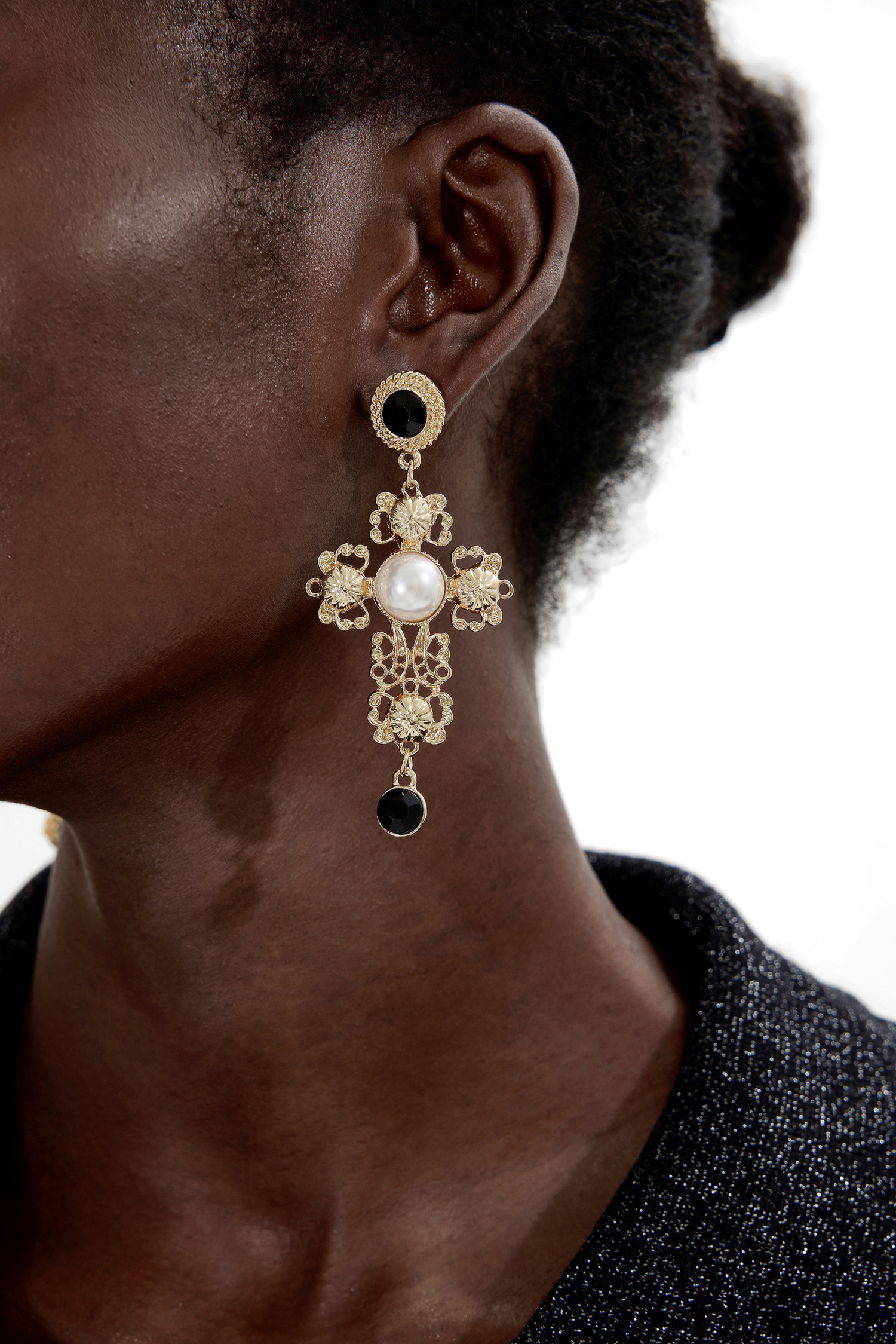 Faux Pearl Metal Cross Shape Drop Earrings