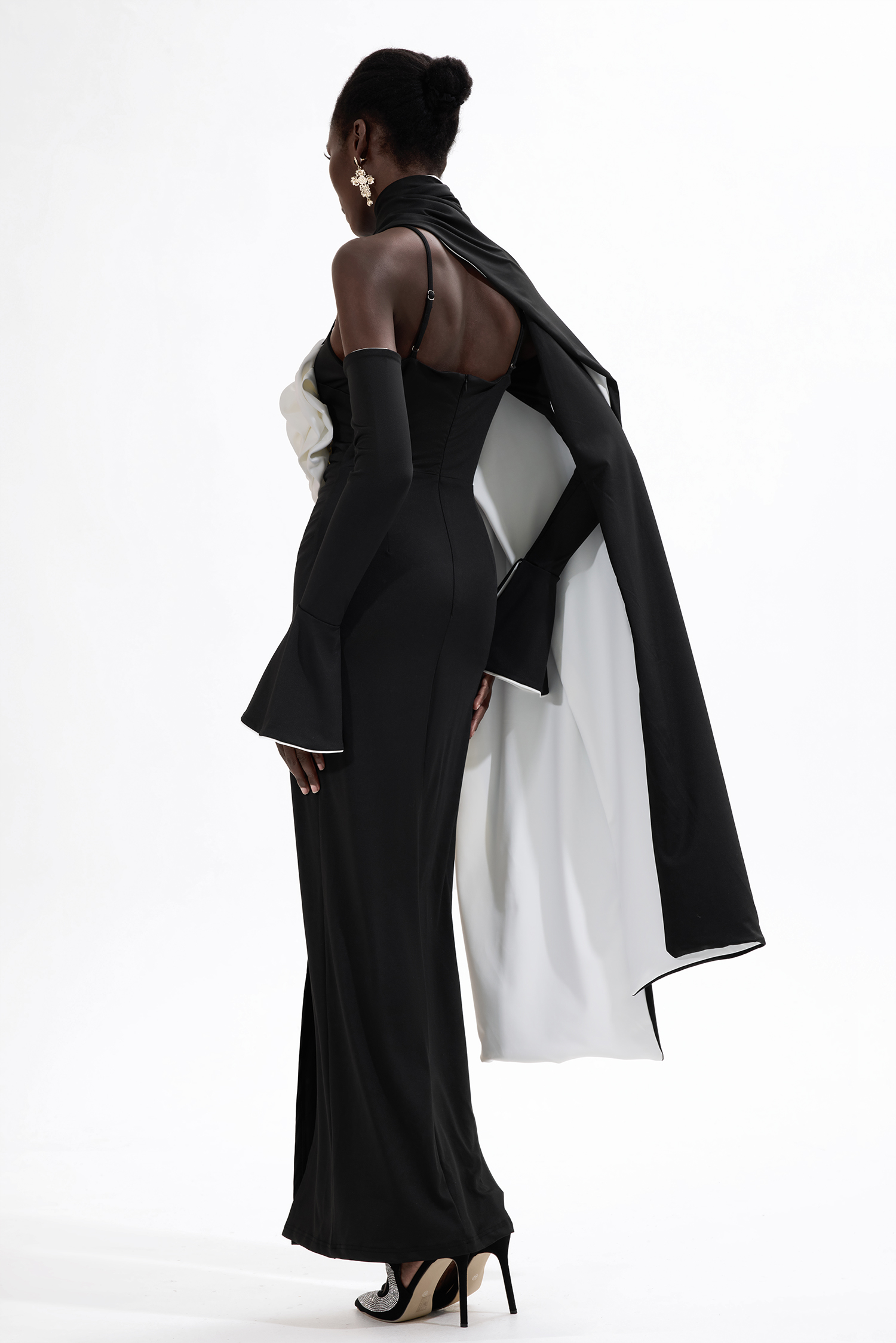 3D Flower Contrast Color Midi Dress With Cape