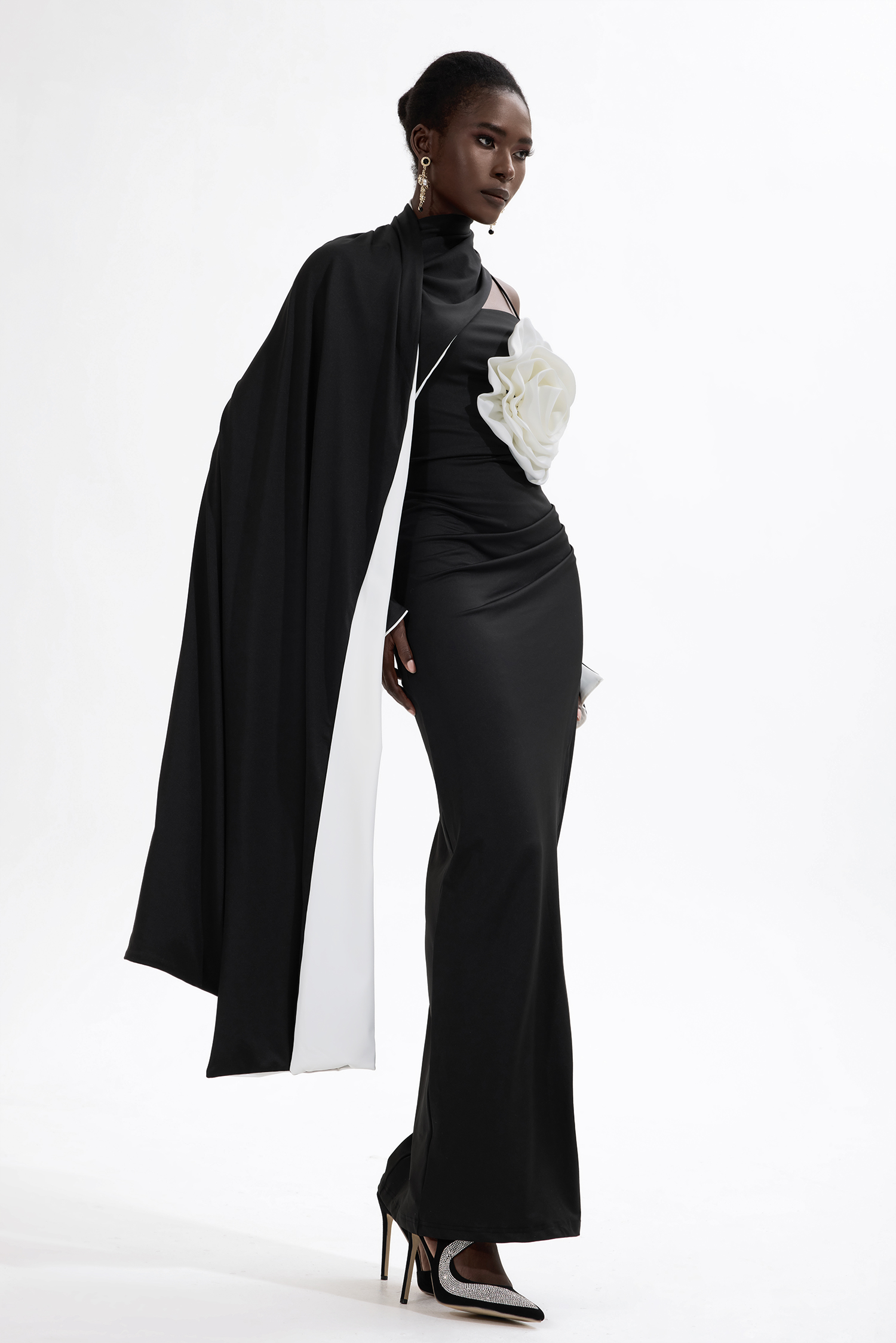 3D Flower Contrast Color Midi Dress With Cape