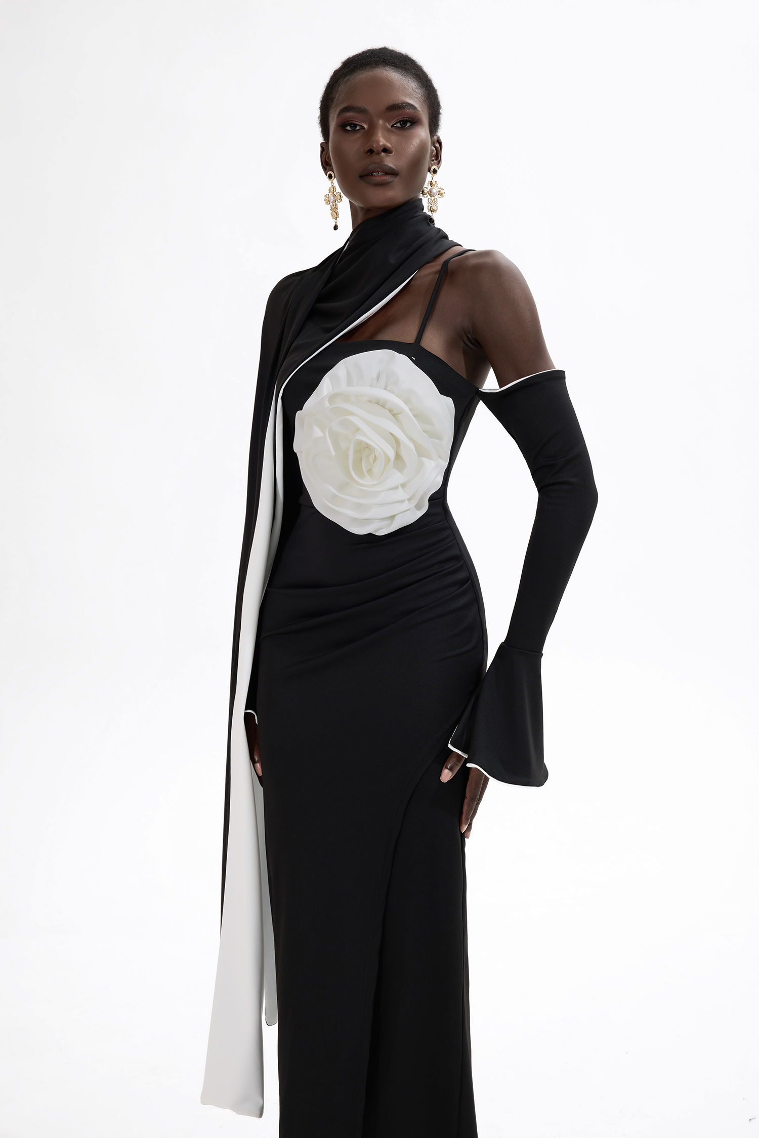 3D Flower Contrast Color Midi Dress With Cape