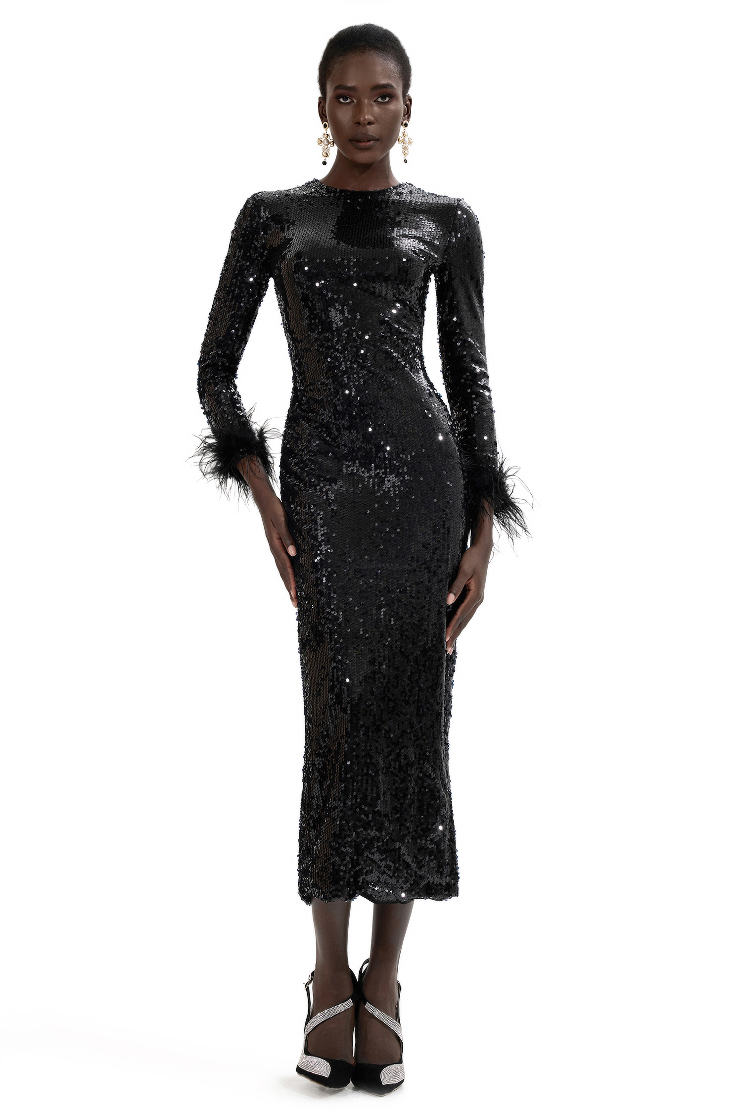 Sequin Feather Long Sleeve Midi Dress