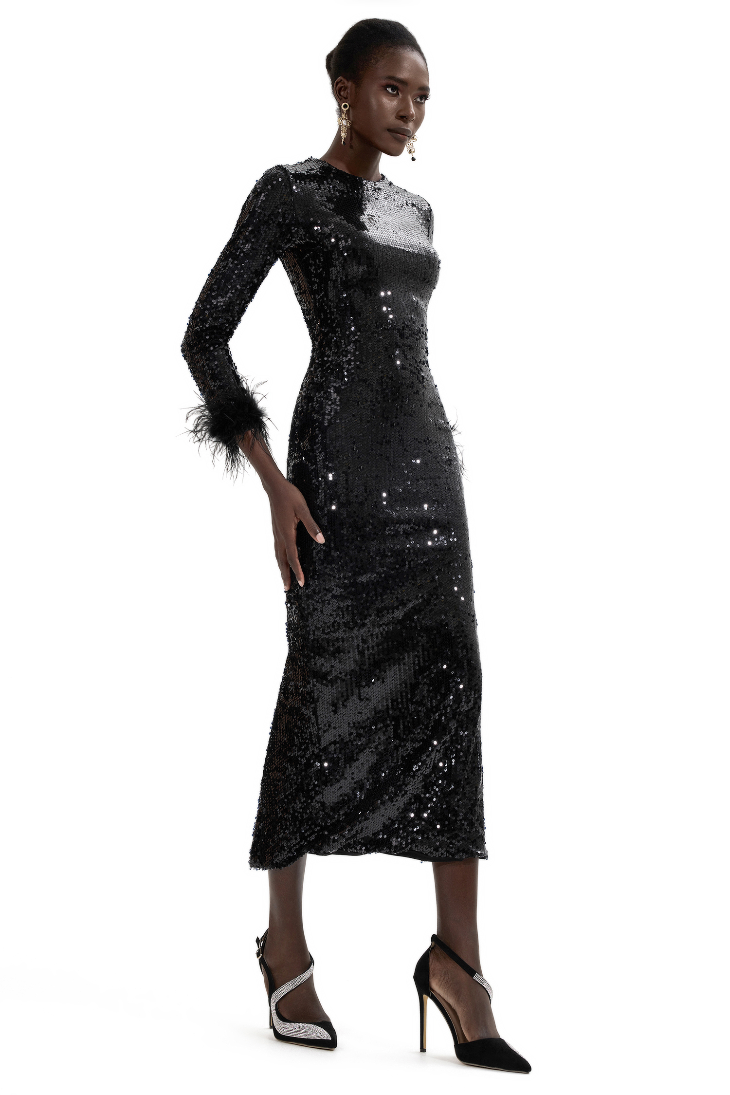 Sequin Feather Long Sleeve Midi Dress