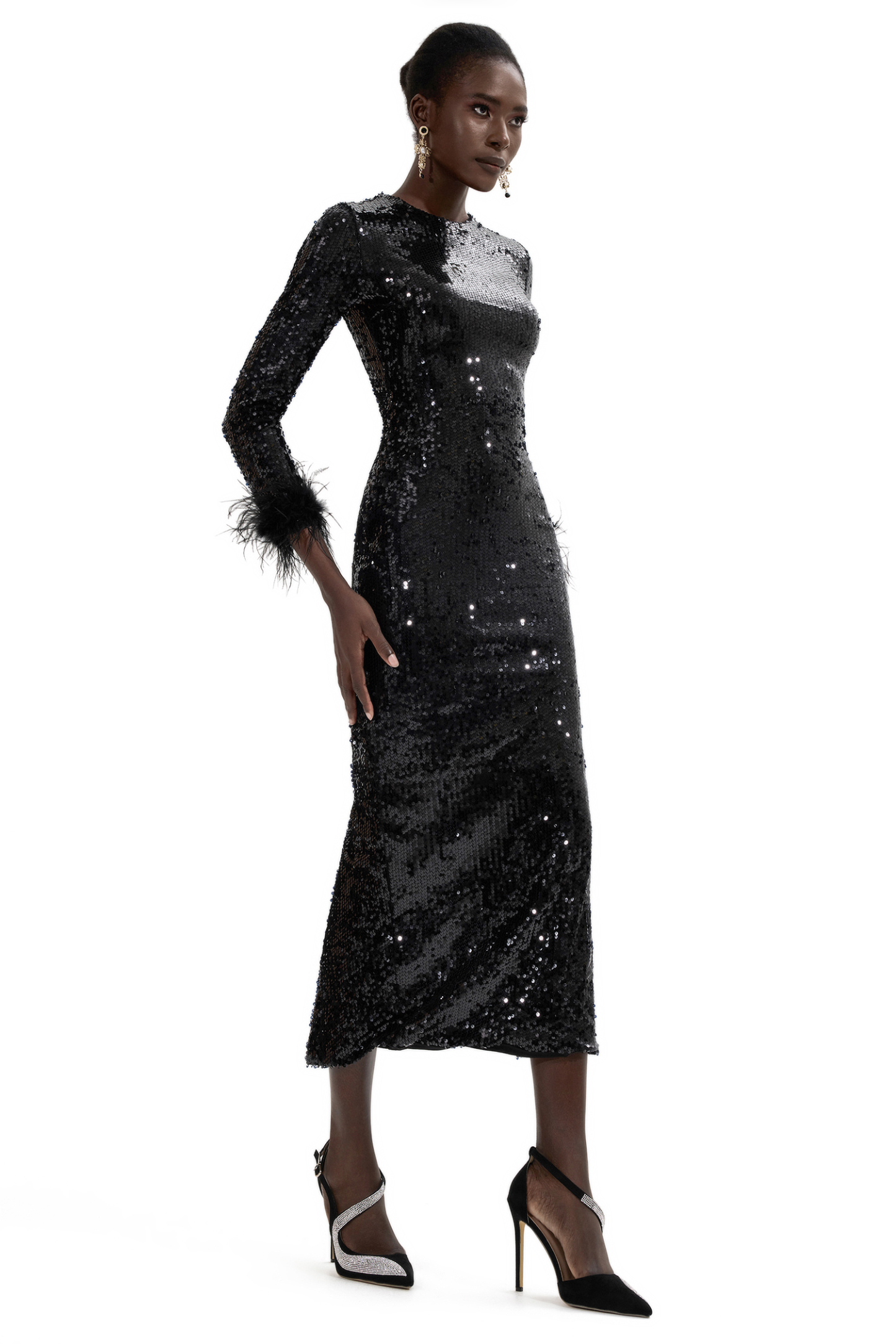 Sequin Feather Long Sleeve Midi Dress