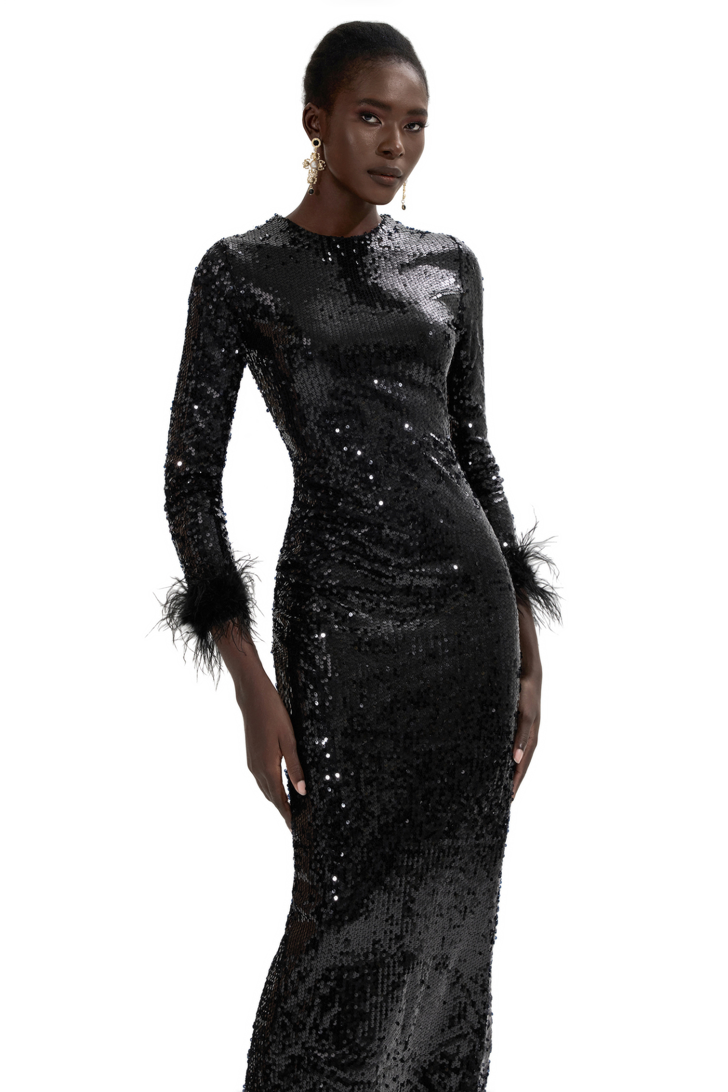 Sequin Feather Long Sleeve Midi Dress