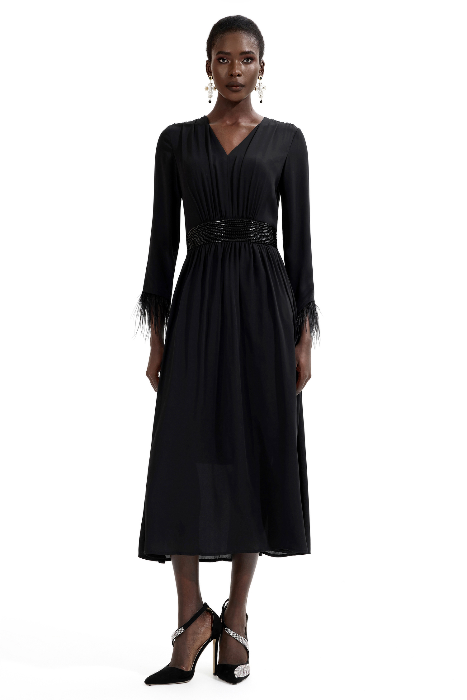 Rhinestone V-Neck Long Sleeve Feather Midi Dress