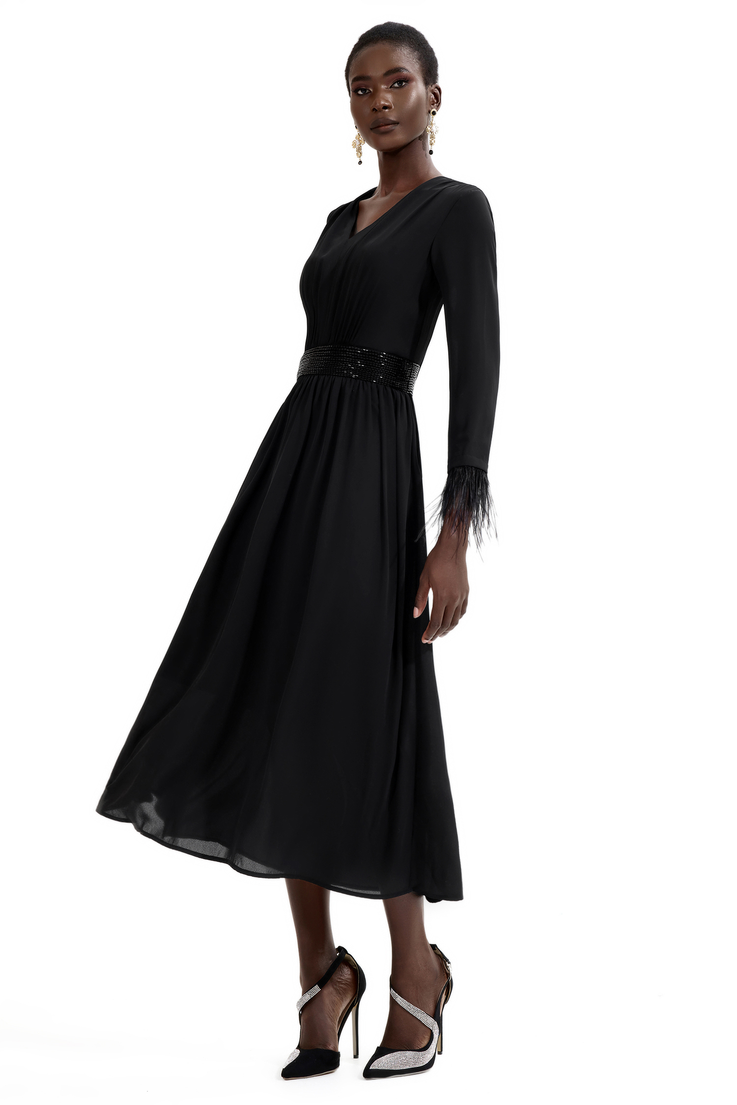 Rhinestone V-Neck Long Sleeve Feather Midi Dress