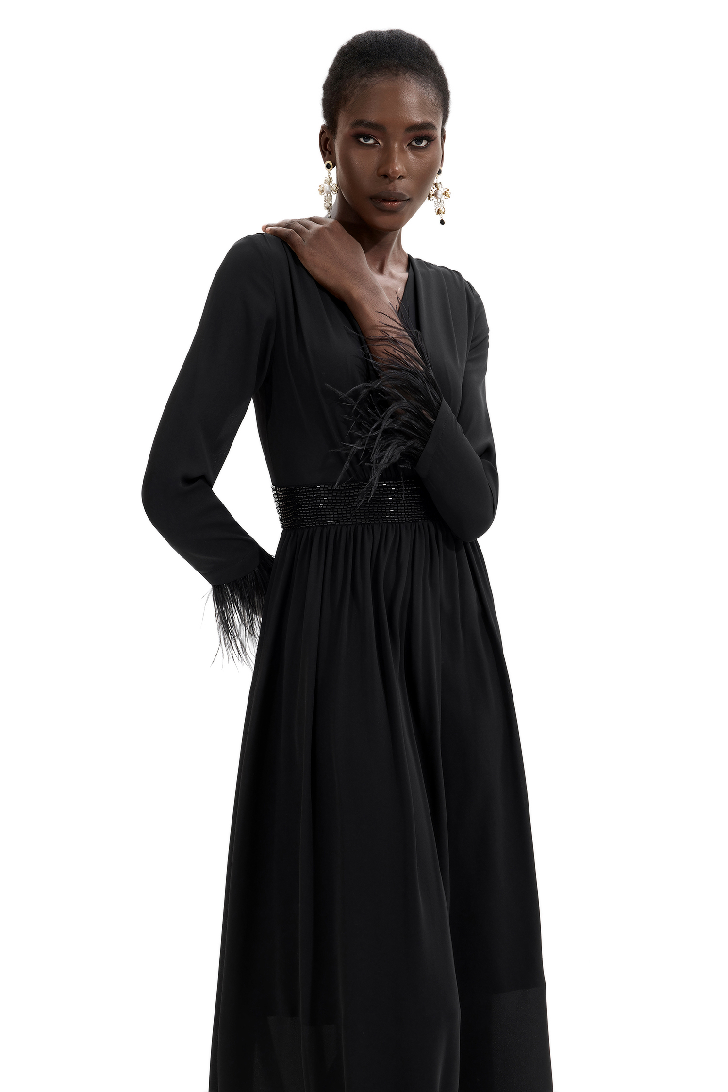 Rhinestone V-Neck Long Sleeve Feather Midi Dress