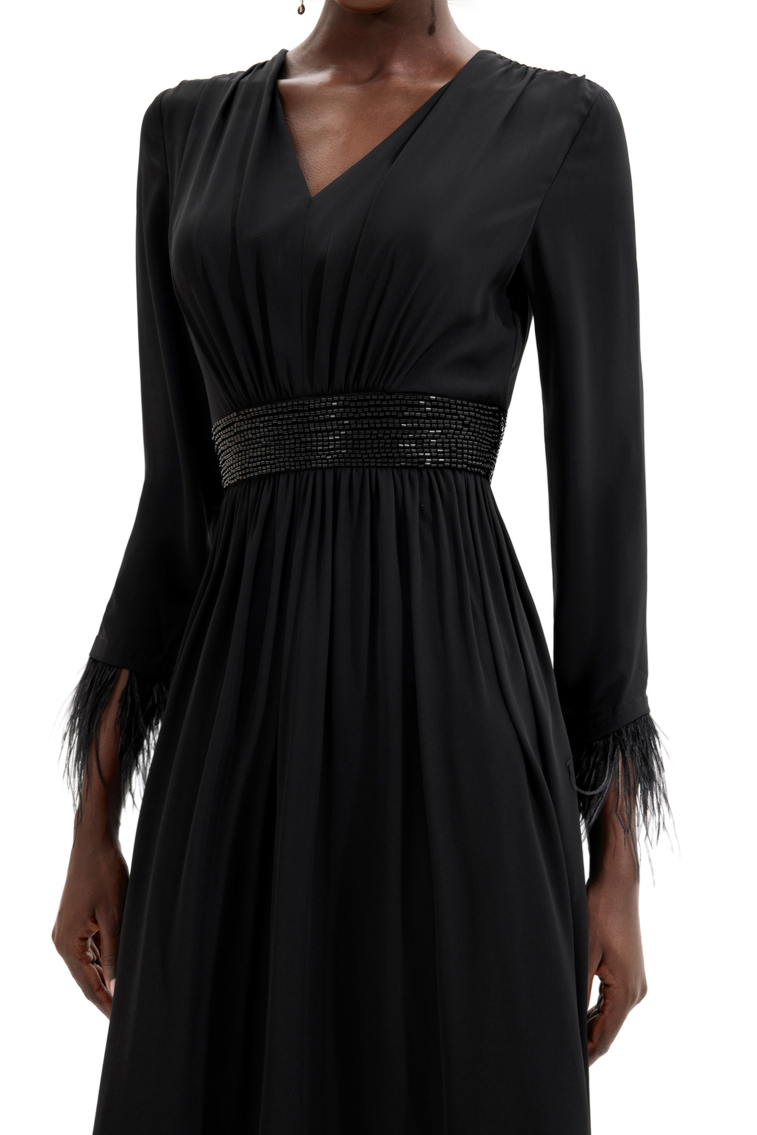 Rhinestone V-Neck Long Sleeve Feather Midi Dress