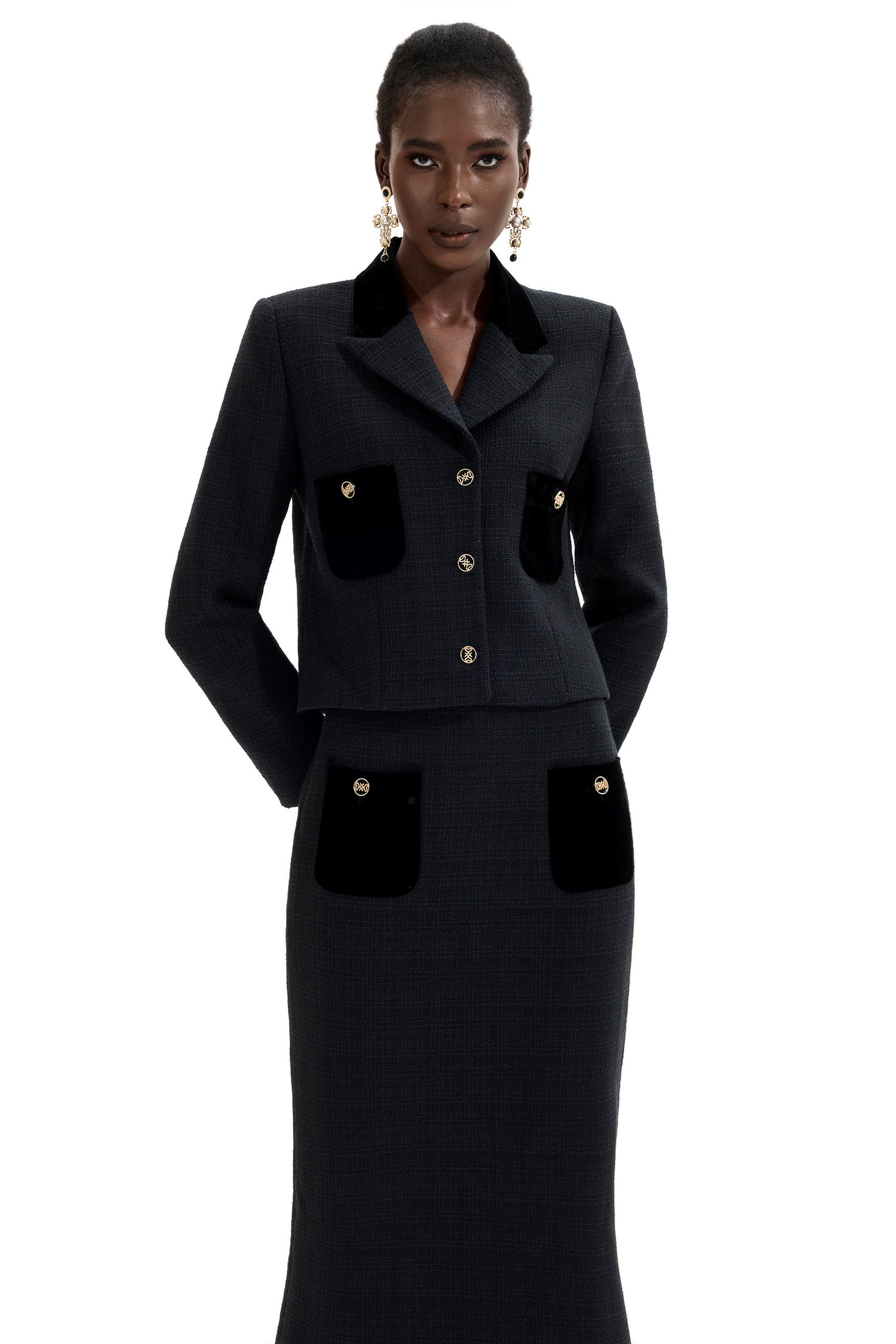 Splicing Metal Button Velvet Blazer