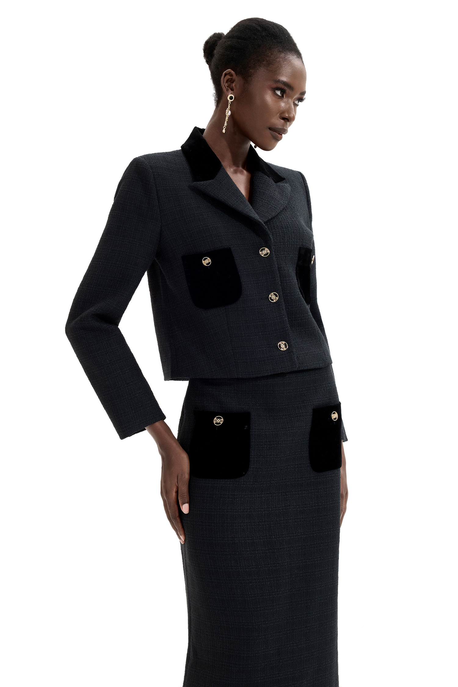 Splicing Metal Button Velvet Blazer