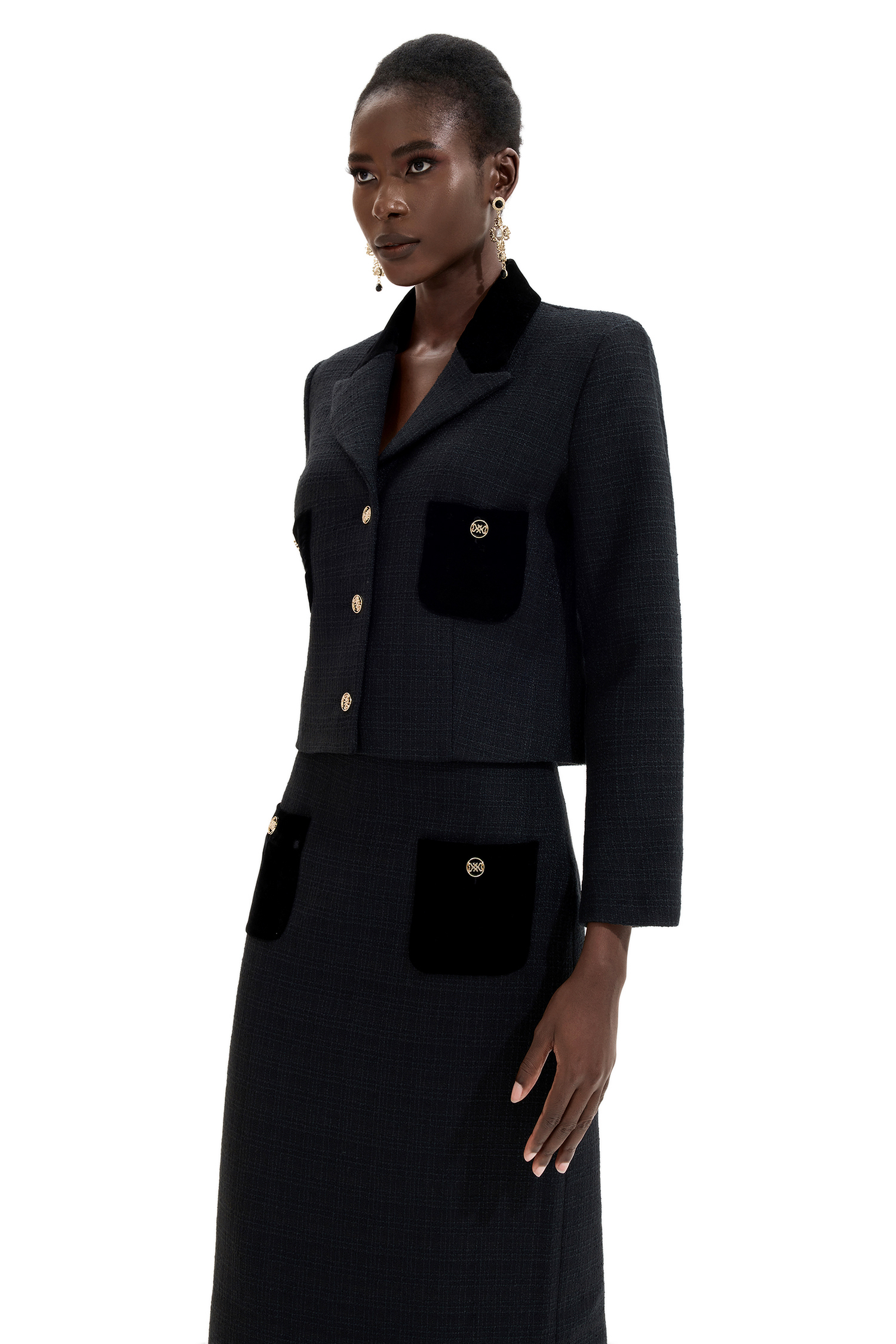 Splicing Metal Button Velvet Blazer