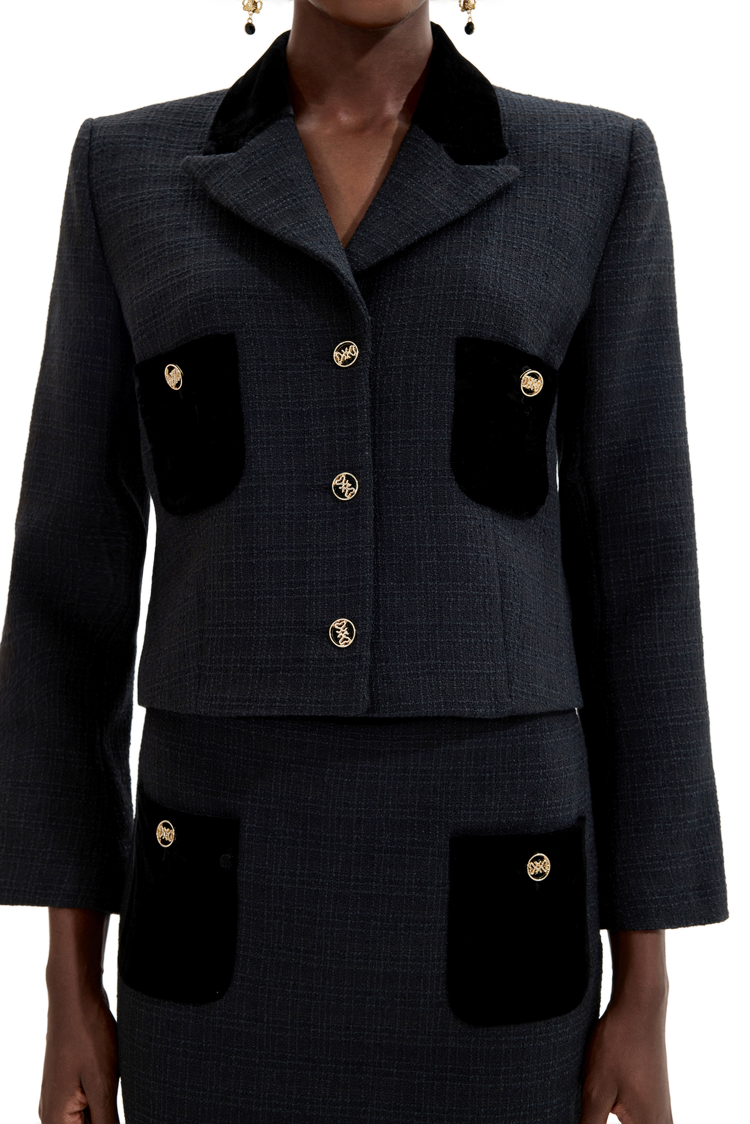 Splicing Metal Button Velvet Blazer