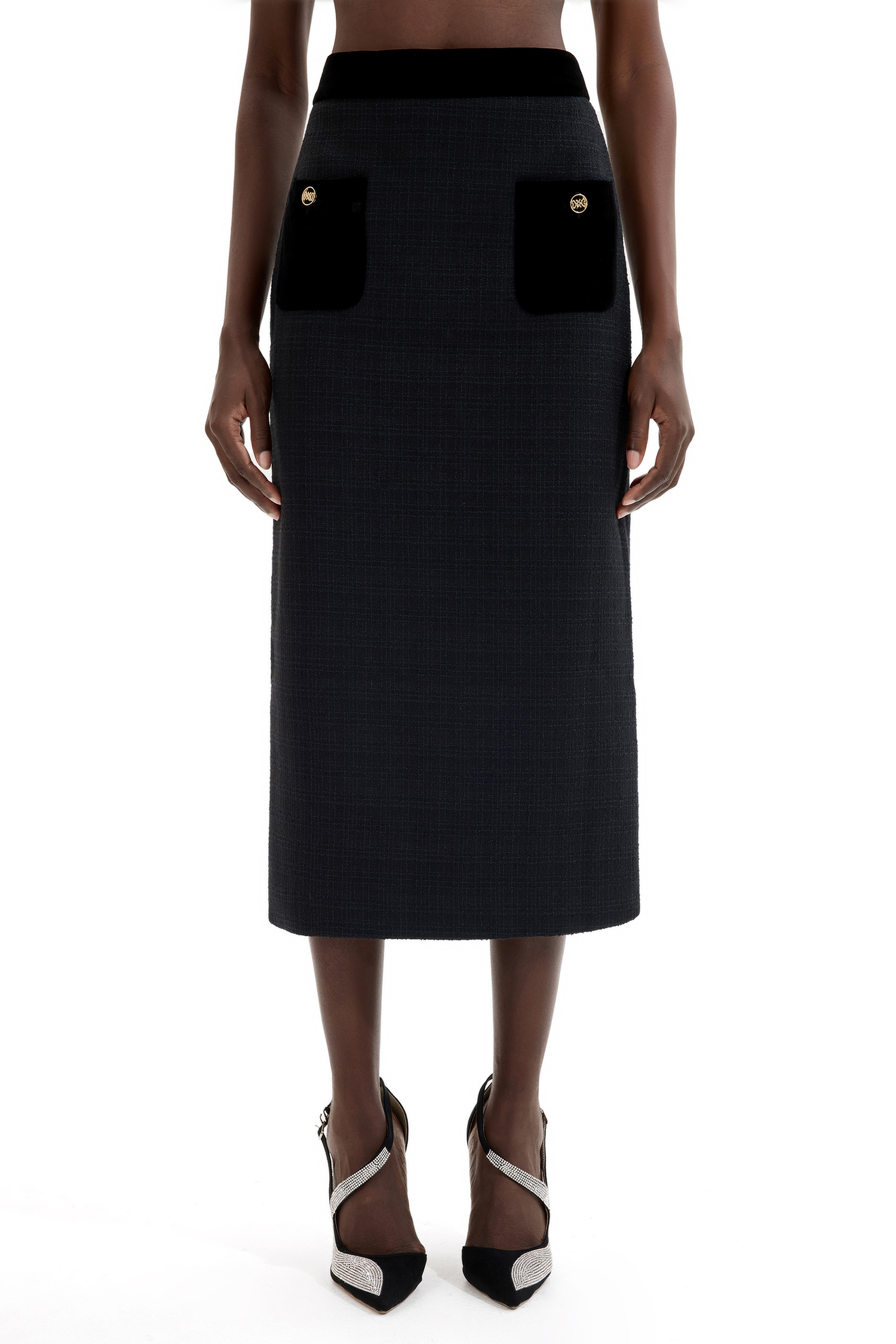 Velvet Splicing High Waist Midi Skirt