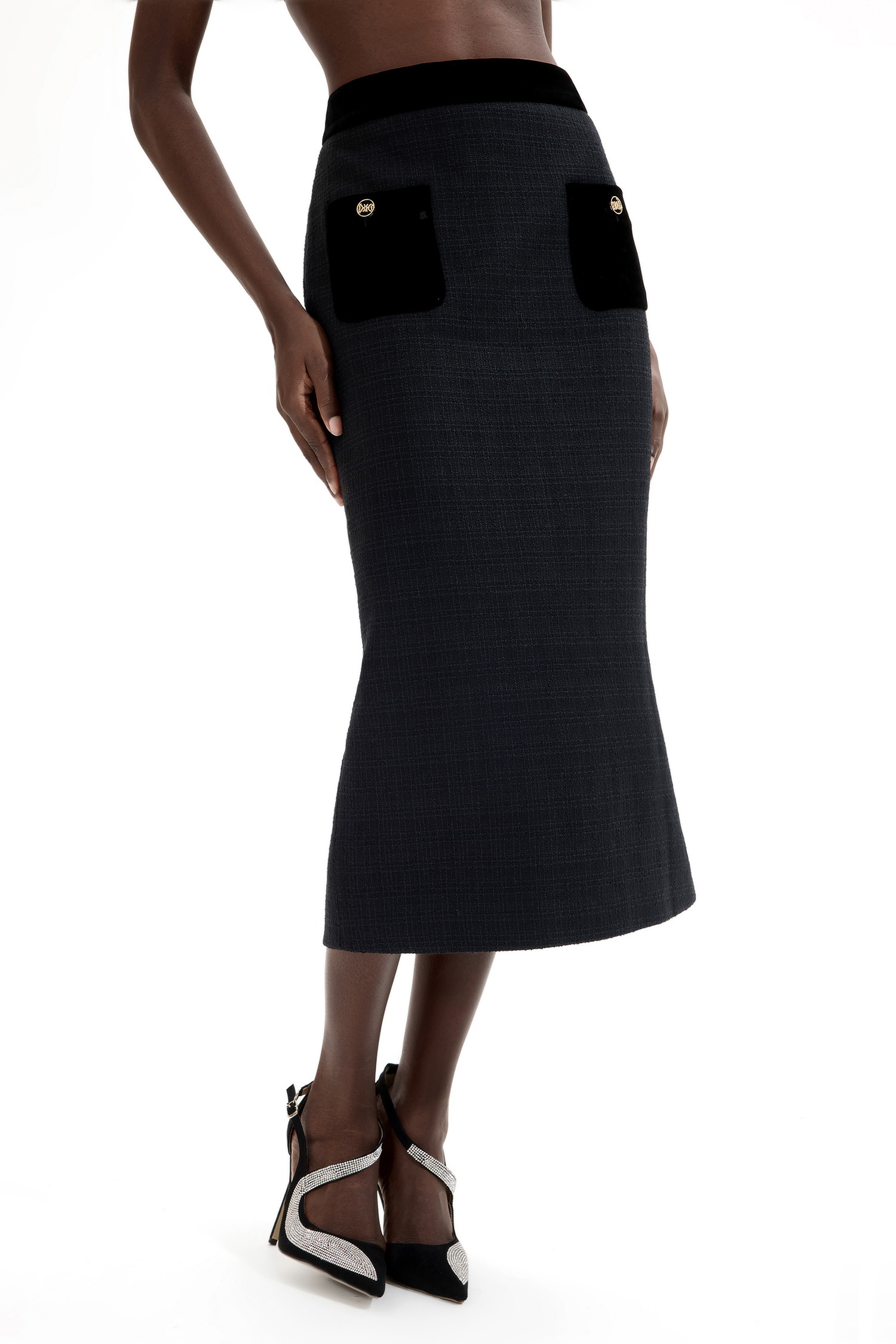 Velvet Splicing High Waist Midi Skirt