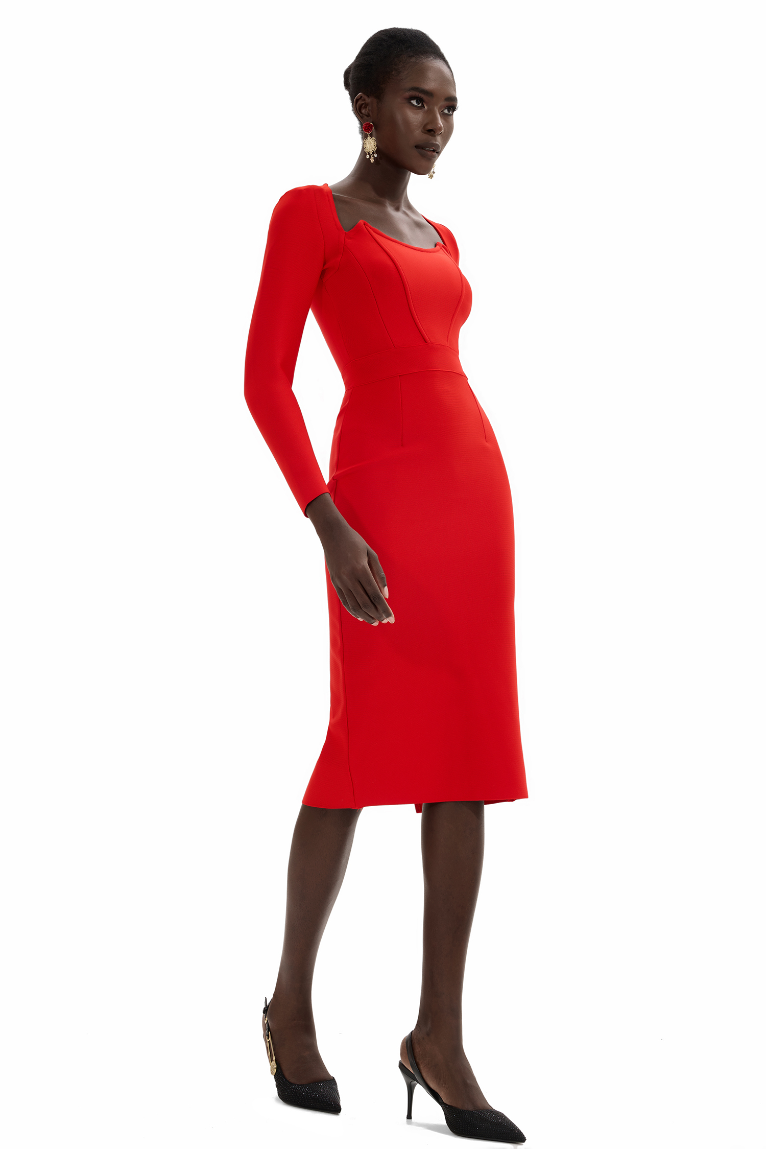 Jersey Solid Long Sleeve Midi Dress